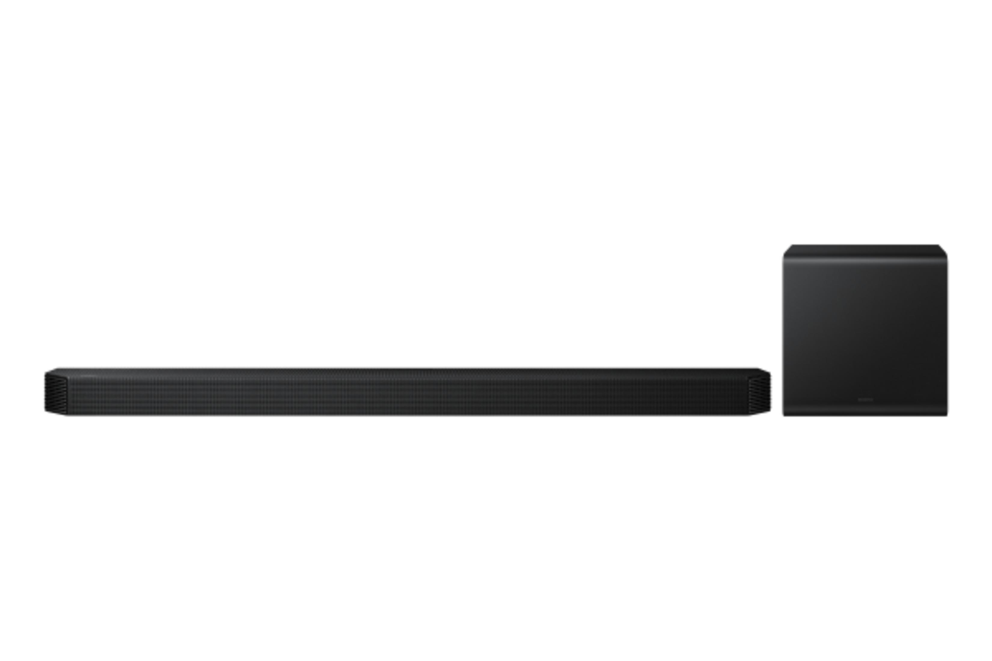 Siyah ses çubuğu ve subwoofer yan yana beyaz zeminde.