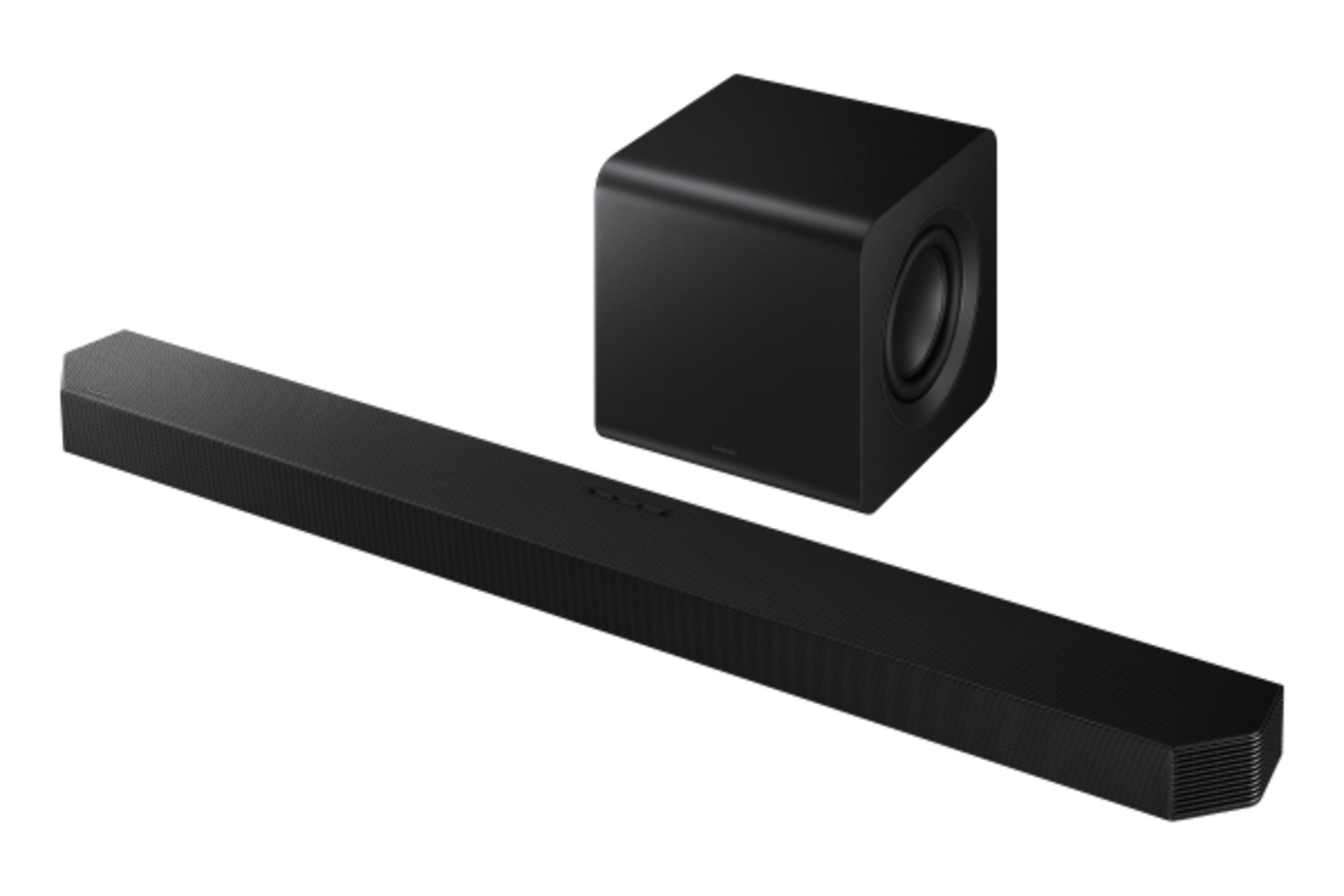 Beyaz arka planda siyah ses çubuğu ve subwoofer.