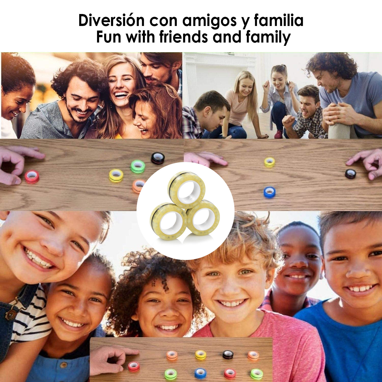 Gruppo di amici e familiari che giocano con anelli magnetici.