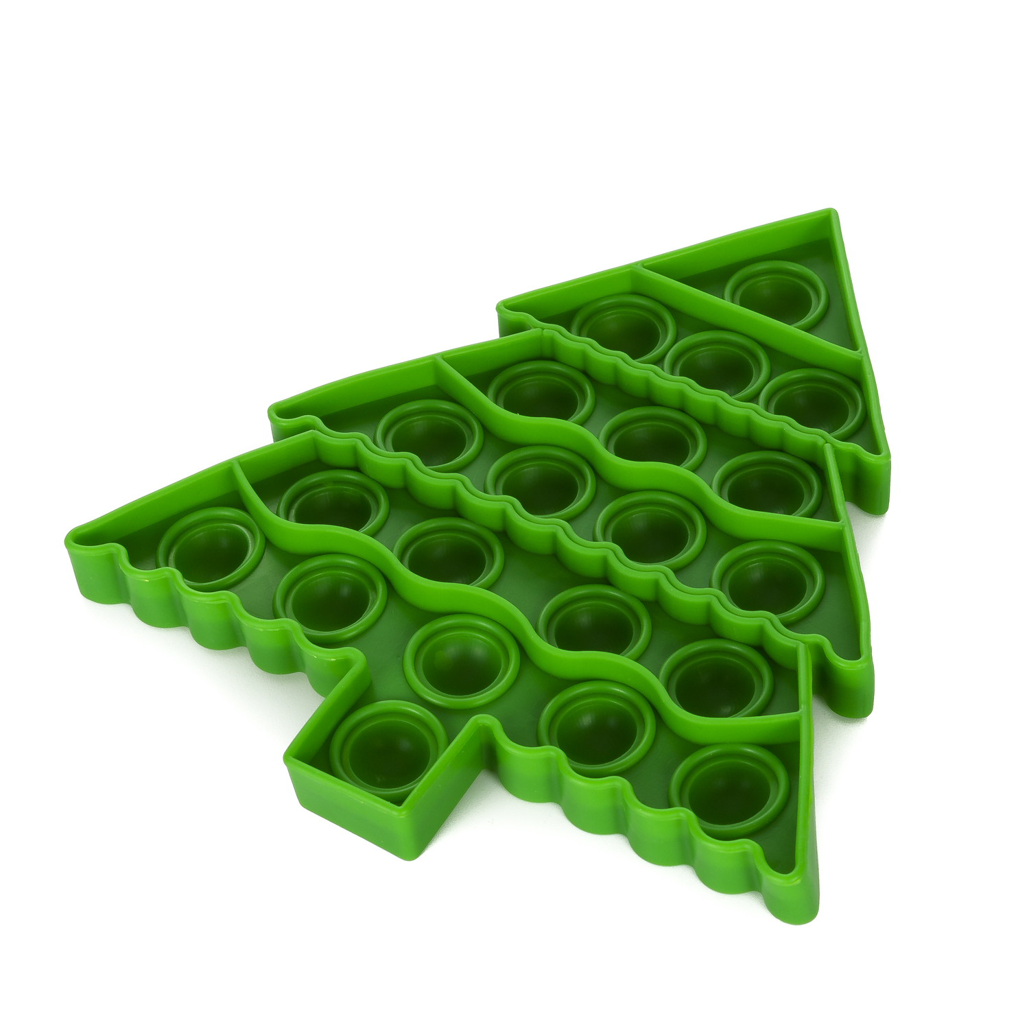 Un juguete Pop-It verde con forma de árbol de Navidad sobre fondo blanco.