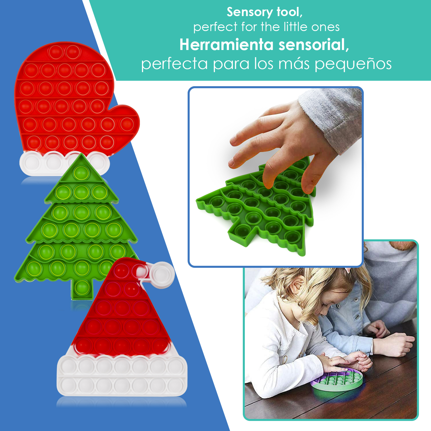 Juguetes pop-it navideños: gorro, árbol, manopla. Niños jugando.