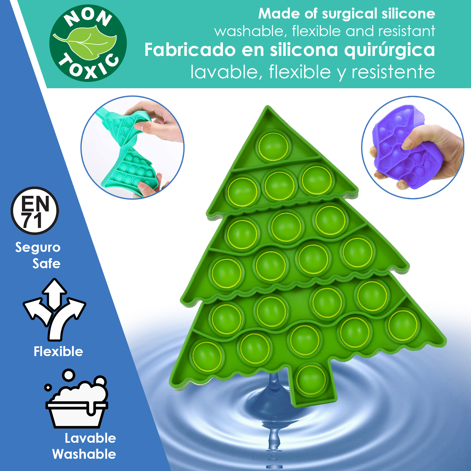 Juguete pop-it verde con forma de árbol de Navidad de silicona.