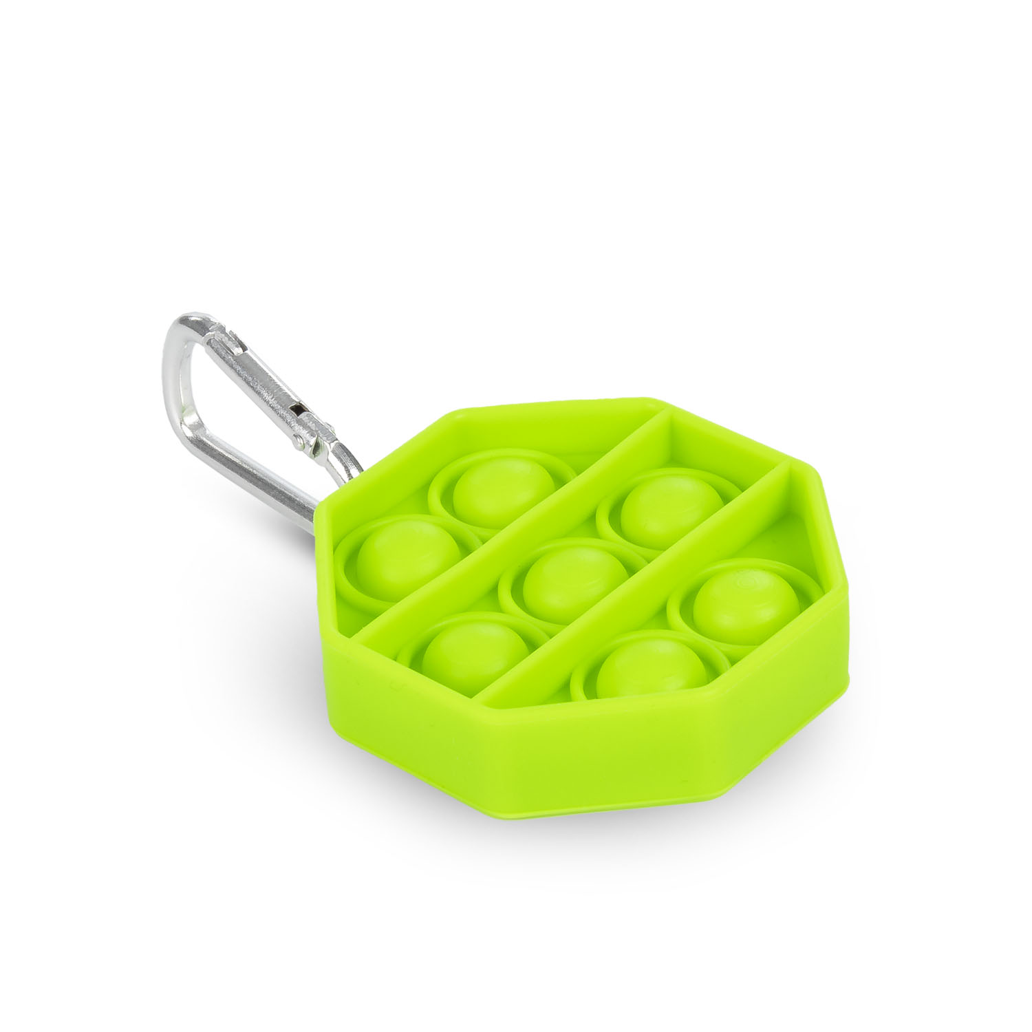 Un juguete pop-it hexagonal, verde lima, con un clip de mosquetón plateado.