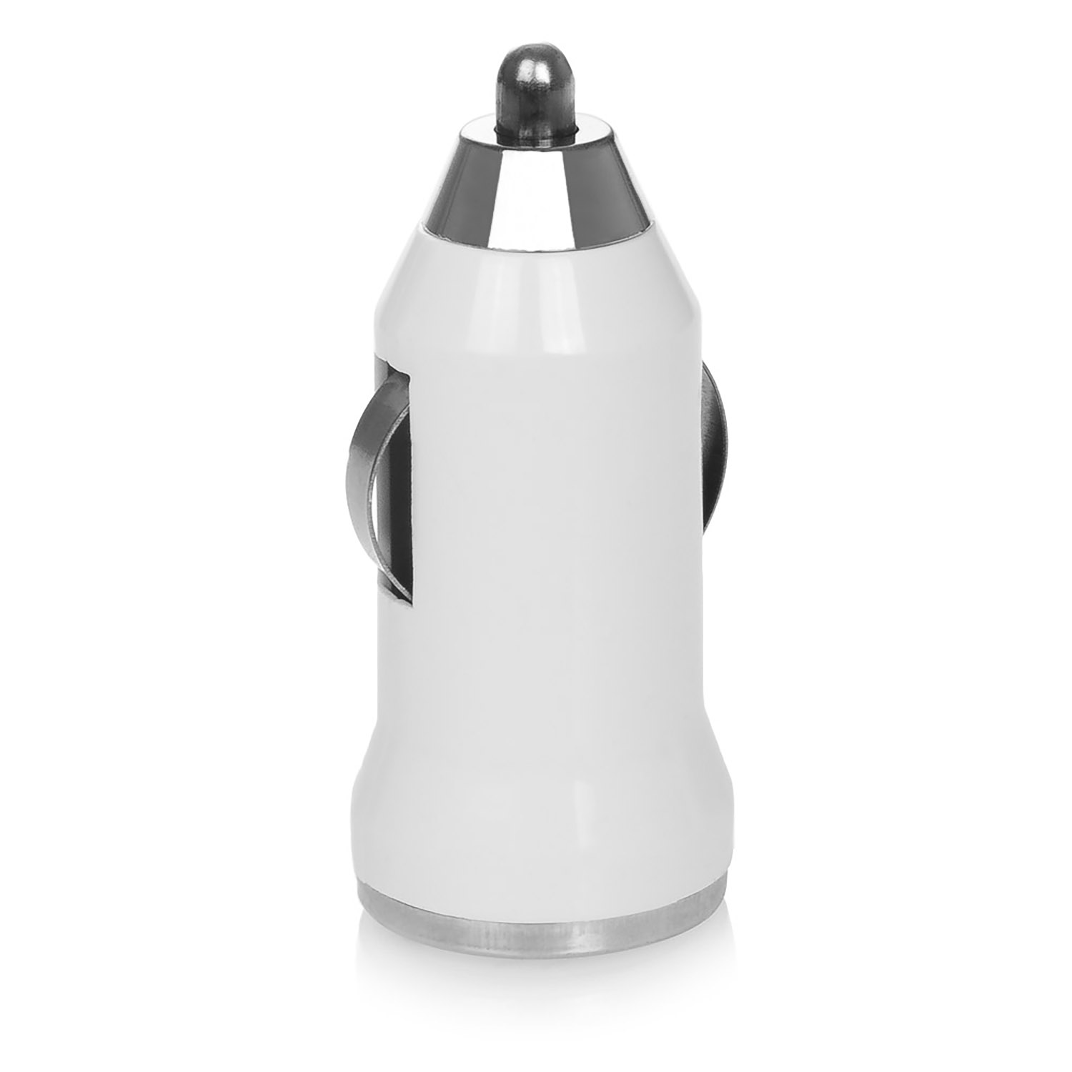 Un adaptador USB para coche blanco con detalles plateados, sobre fondo blanco.