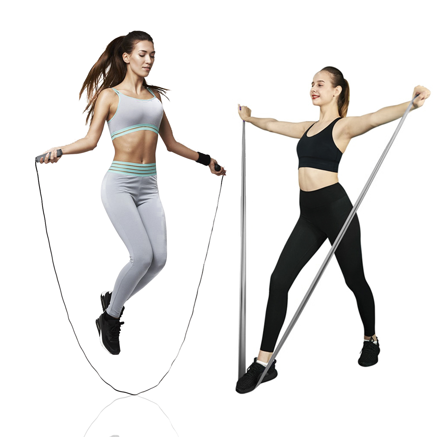 Dos mujeres hacen ejercicio con equipo de fitness: una con una cuerda, la otra con una banda.