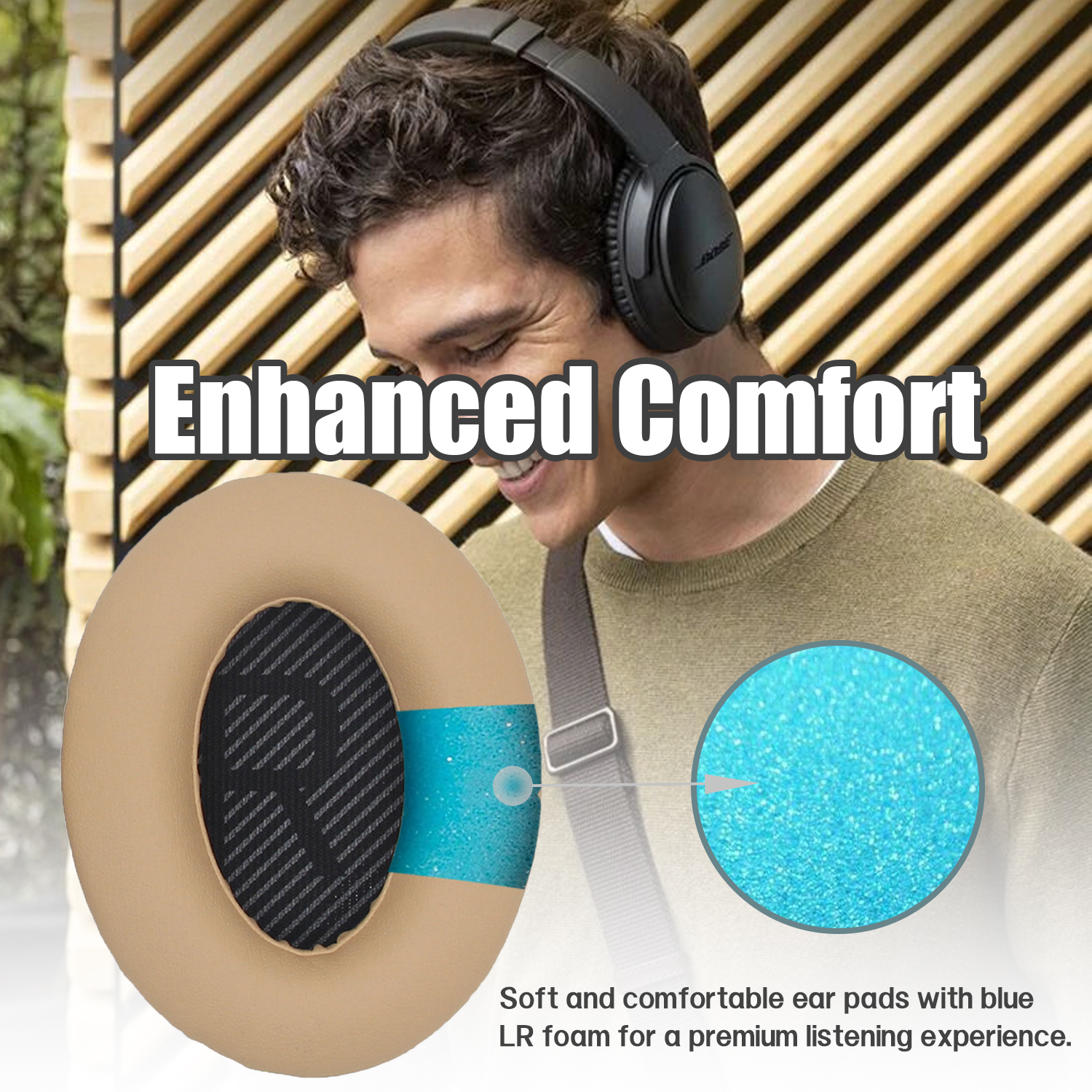 Mężczyzna w słuchawkach, zbliżenie beżowej poduszki na ucho z niebieską piankową wkładką.