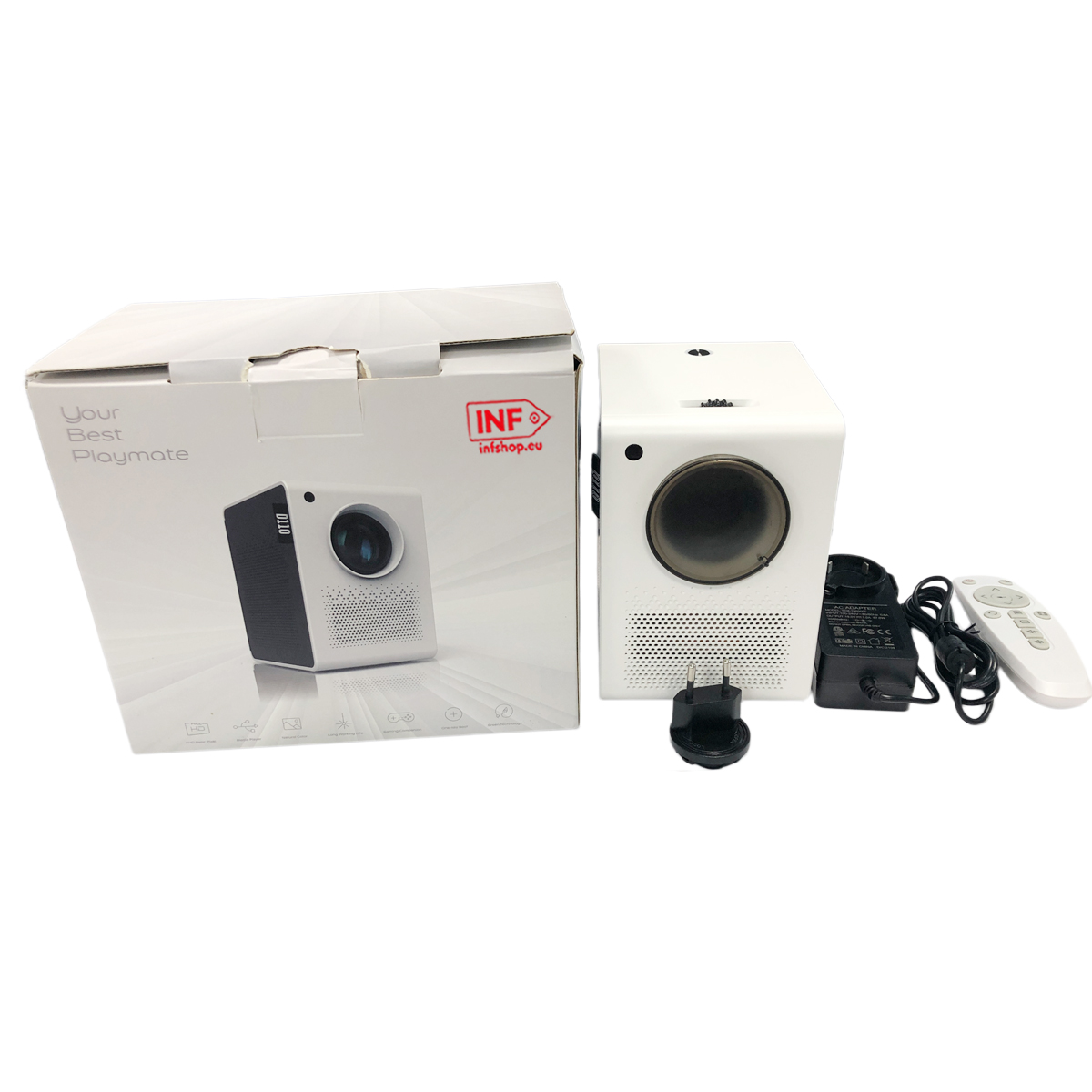 Biały projektor z akcesoriami: pudełko, zasilacz, pilot.