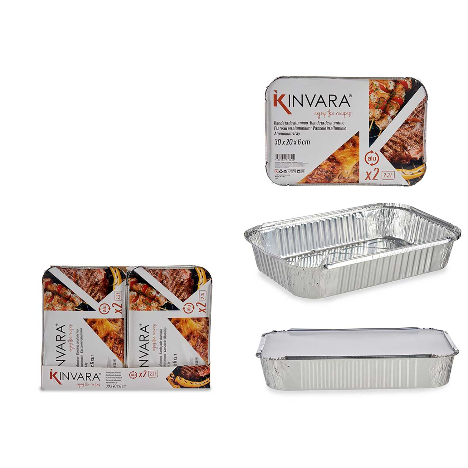 Vaschette in alluminio con coperchi e confezione con cibo grigliato.
