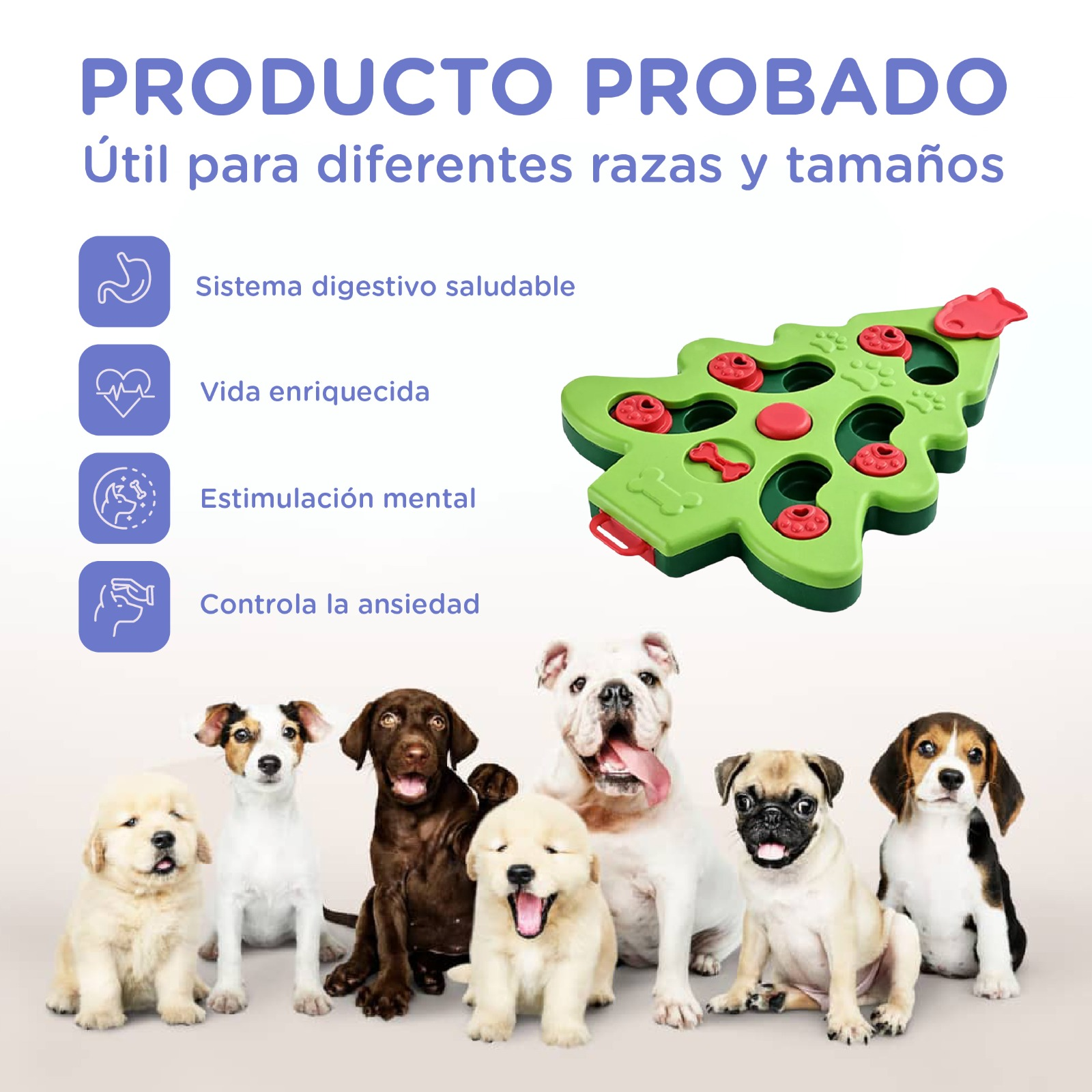 Dispensador de golosinas para perros en forma de árbol con cuatro cachorros.