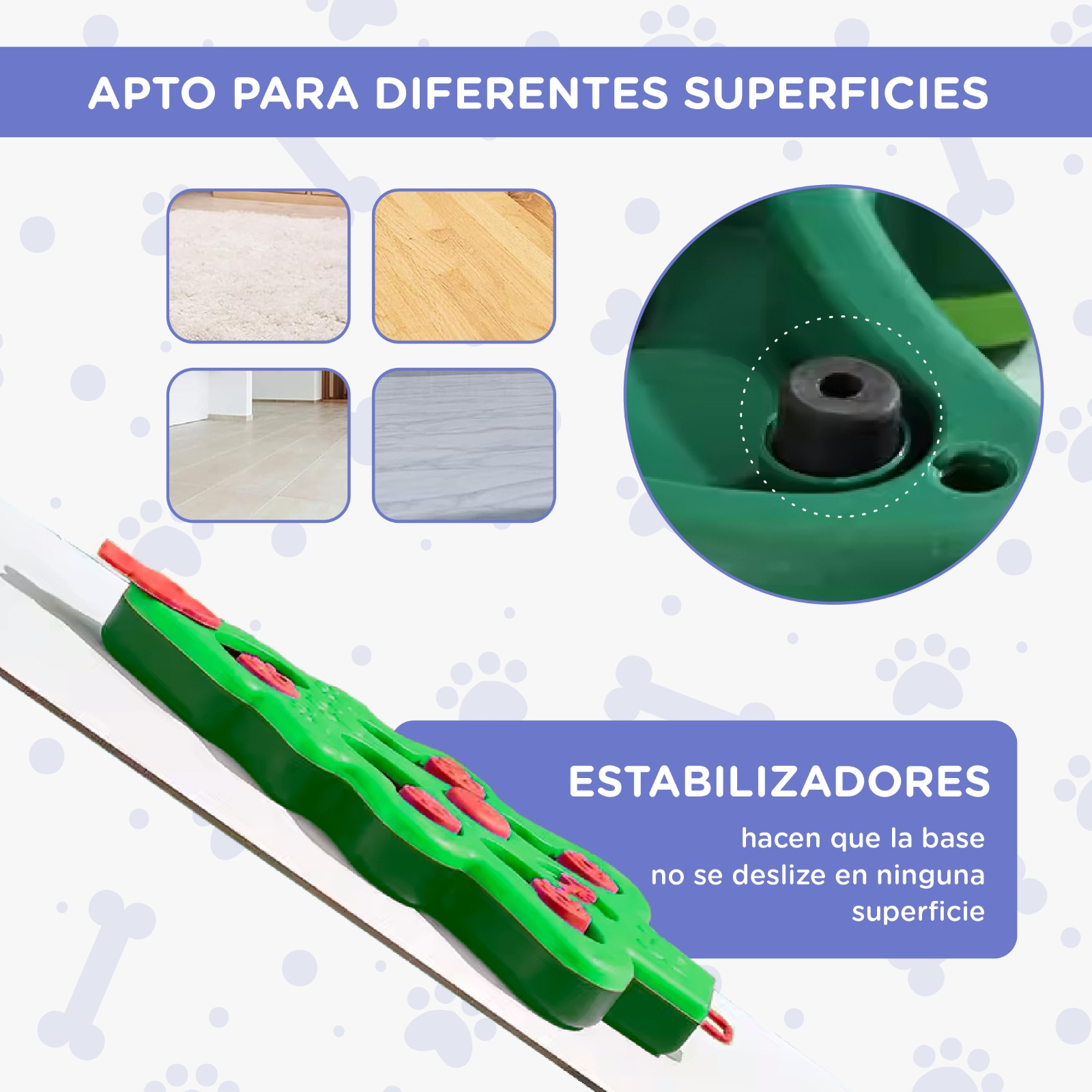 Un producto verde con detalles rojos sobre diversas superficies como alfombra y madera.