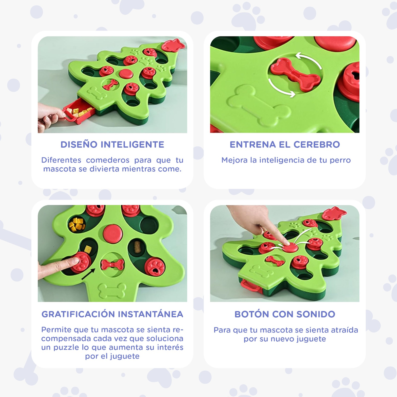 Un juguete rompecabezas para perros verde con deslizadores rojos y formas de hueso.