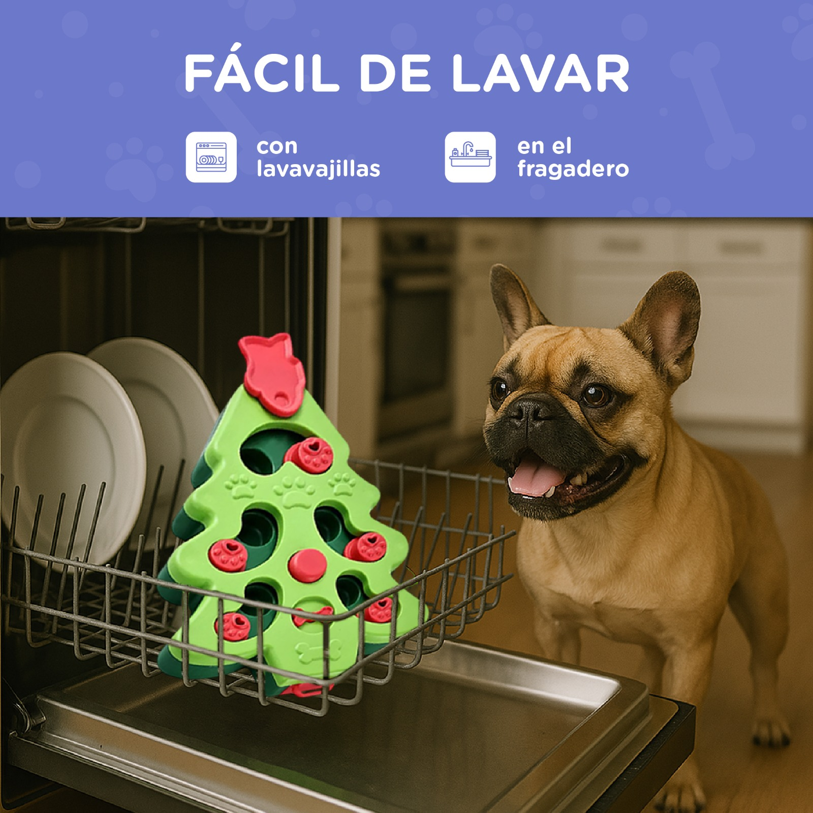 Un perro junto a un juguete de árbol de Navidad en un lavavajillas.