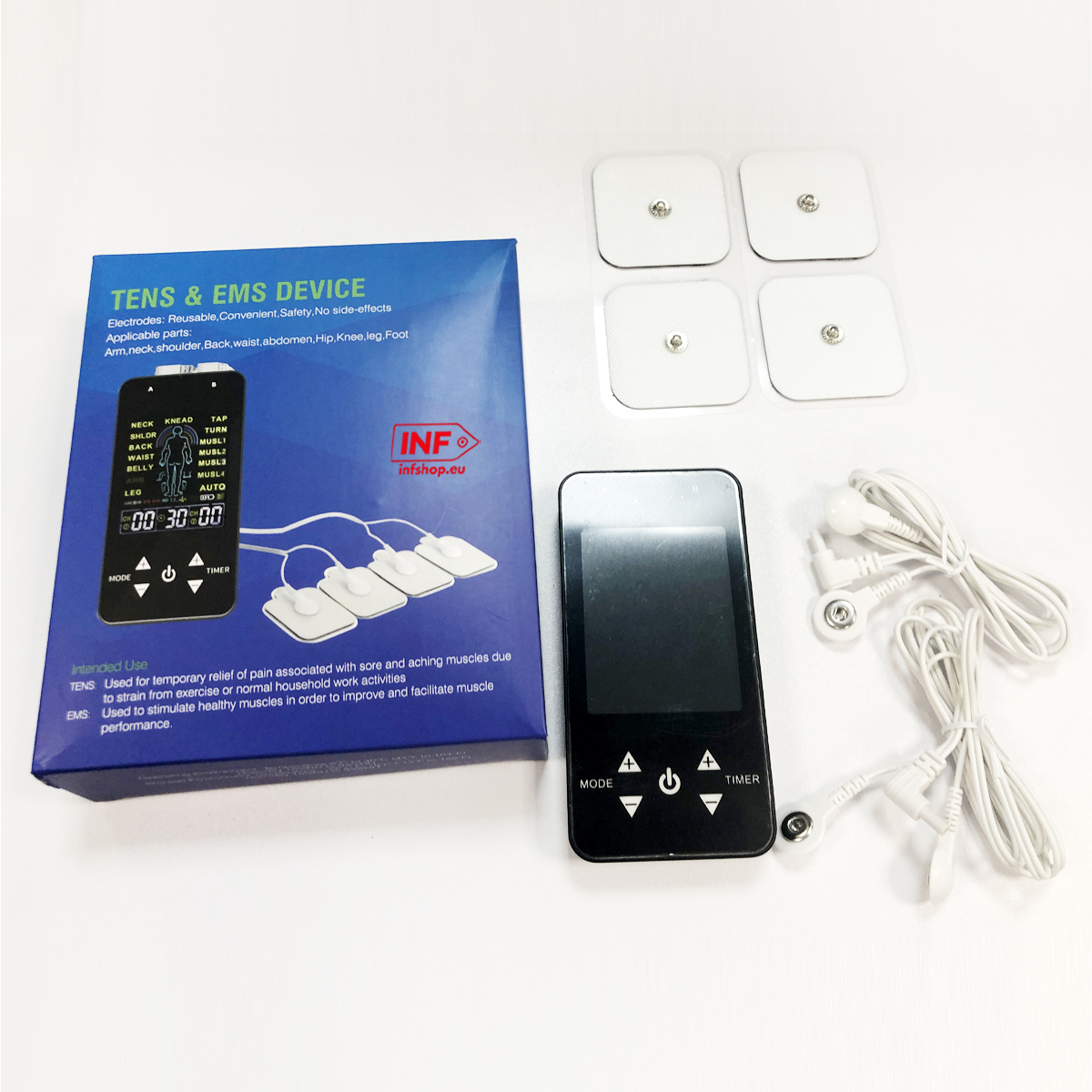 Urządzenie TENS/EMS z akcesoriami: pudełko, urządzenie, 4 elektrody i kable. Na białym tle.