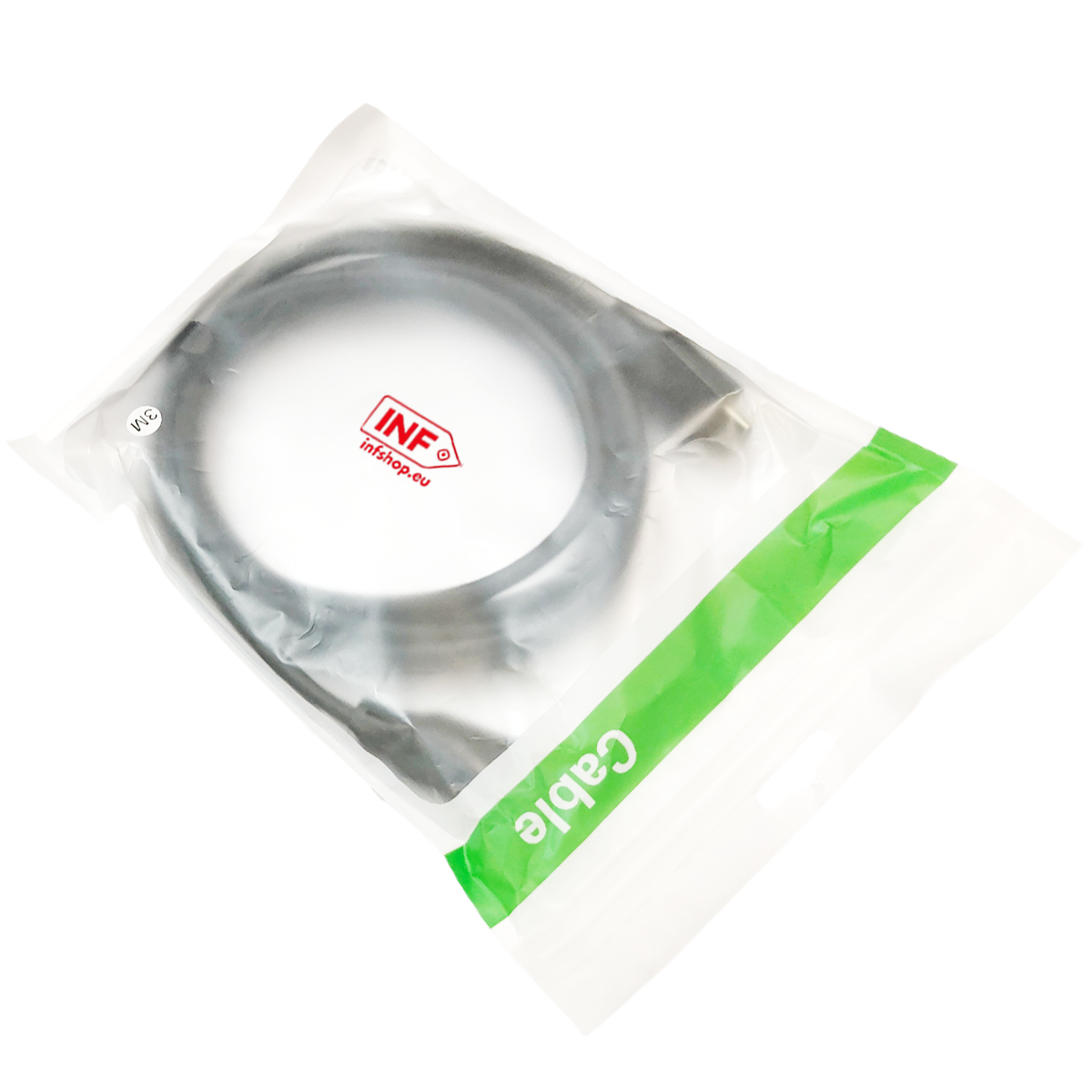 Un câble noir dans un sac en plastique transparent avec une bande verte.