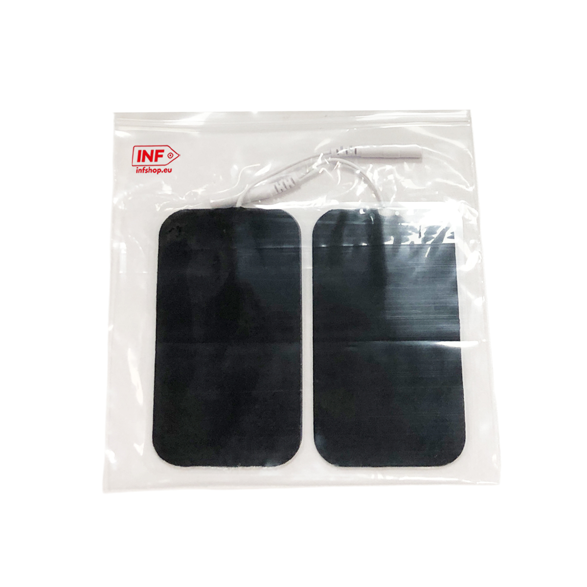 Zwei rechteckige, schwarze Elektroden mit Kabeln in einer Plastikhülle.