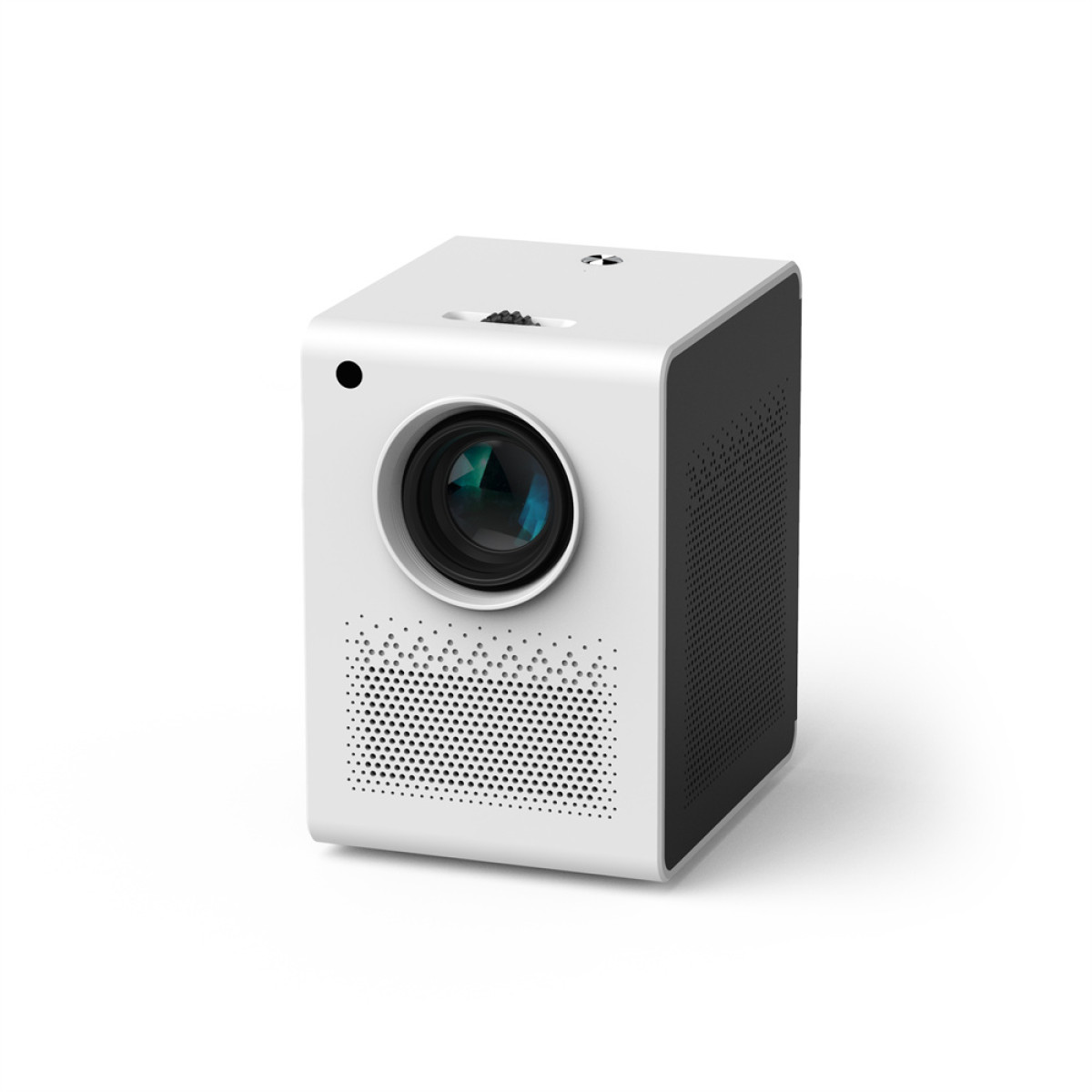 Biały projektor w kształcie sześcianu z obiektywem i grillami głośnikowymi.