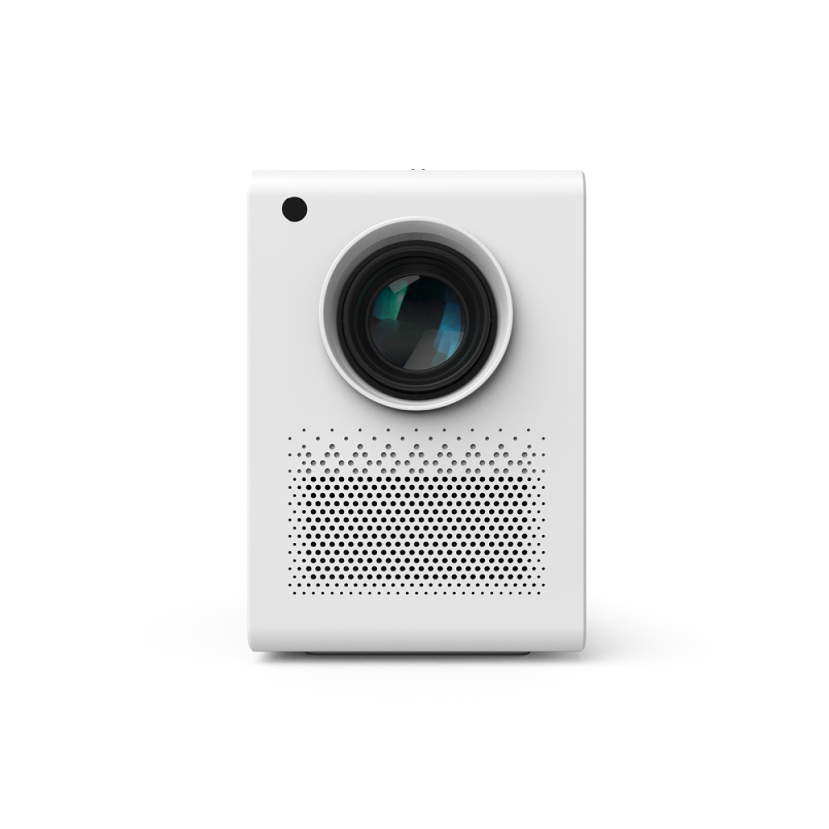 Biały projektor z obiektywem i grillem głośnika.