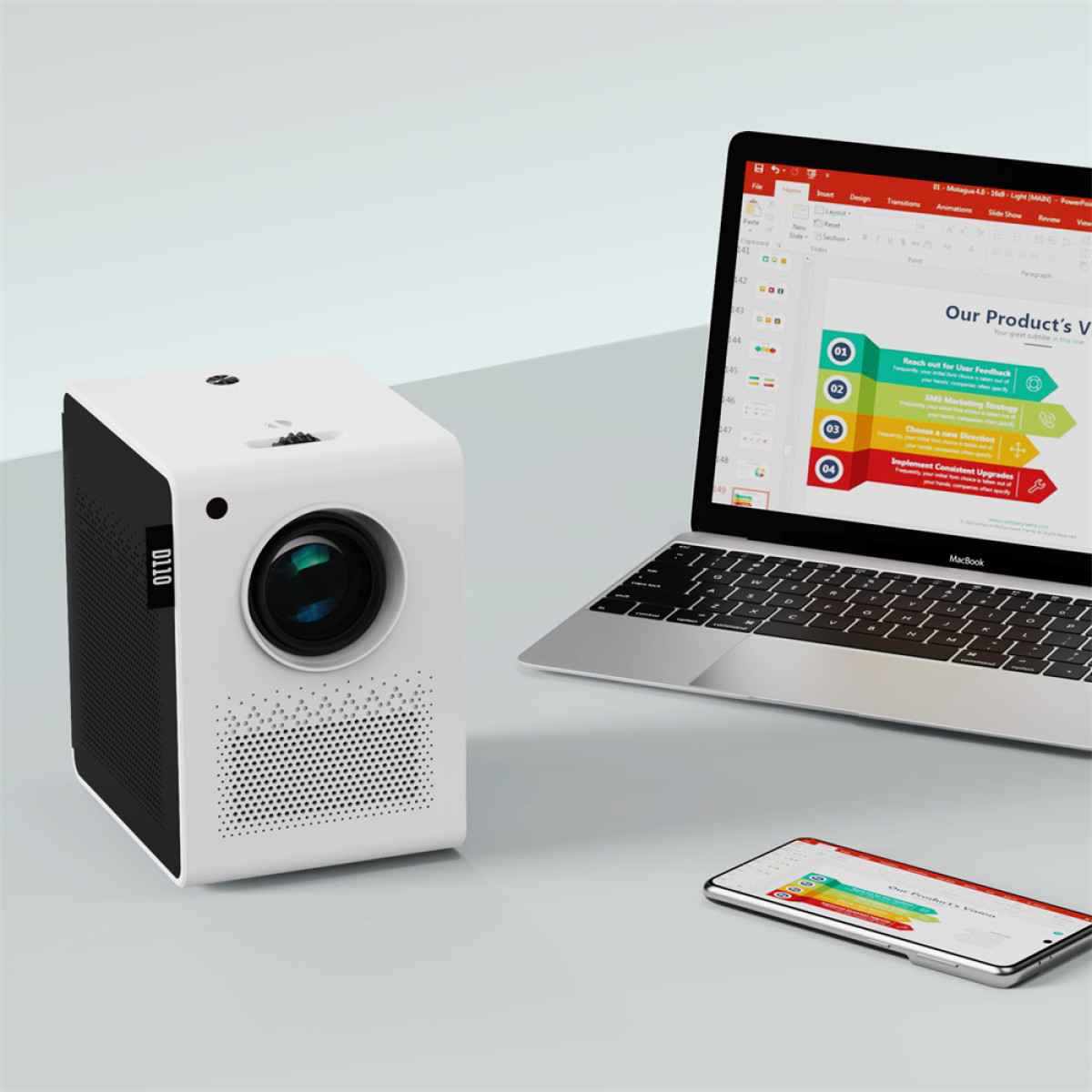 Biały projektor obok MacBooka wyświetlającego prezentację.