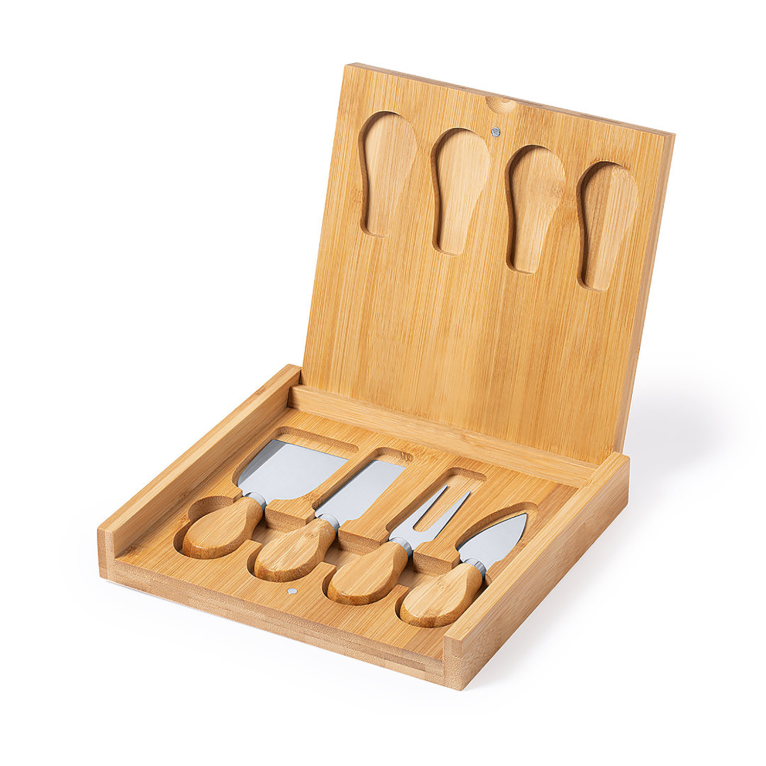 Un set di coltelli per formaggio in legno in una scatola.