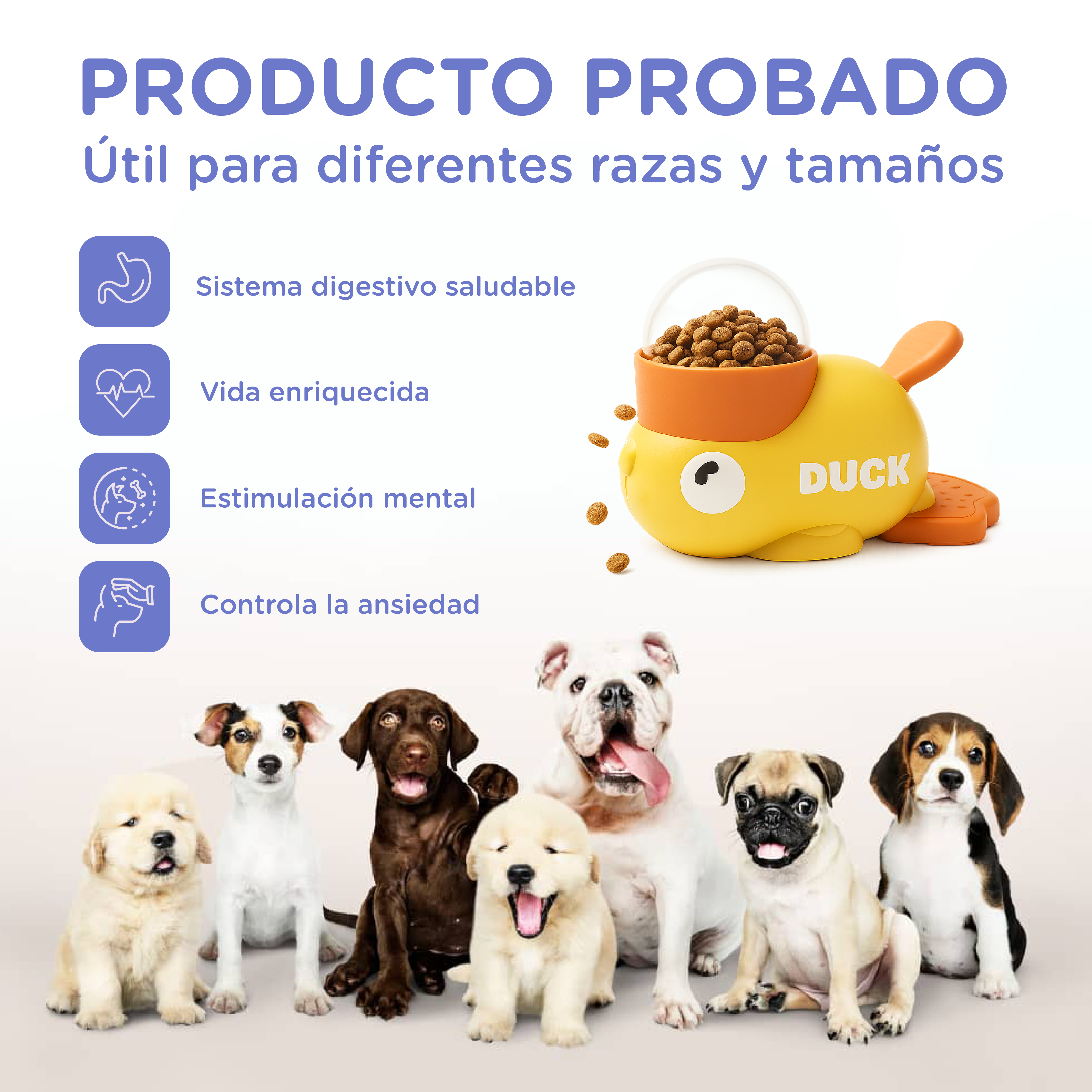Perros de varias razas sentados ante un dispensador de comida amarillo con forma de pato.