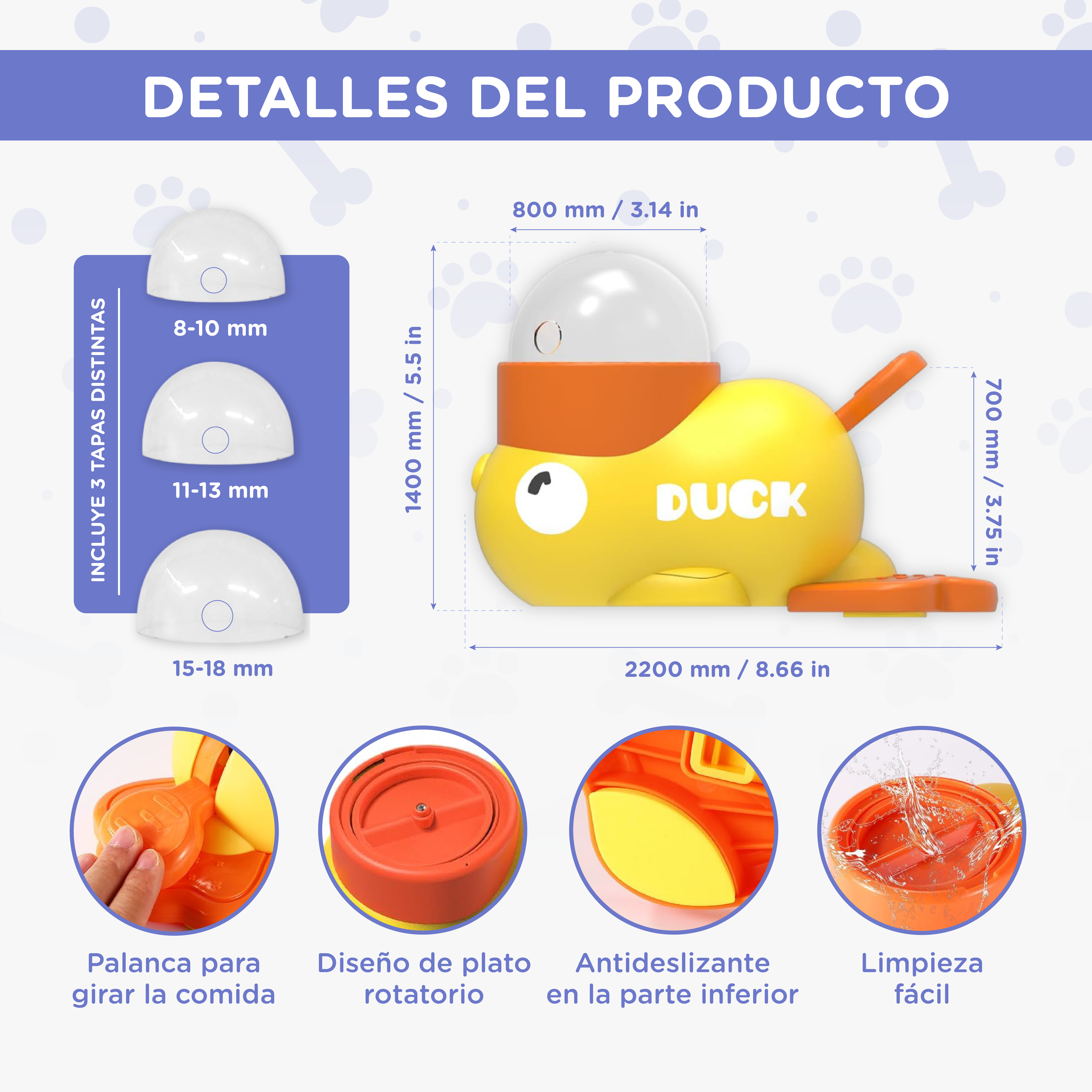 Dispensador de comida para mascotas amarillo con forma de pato, con medidas y tapas.