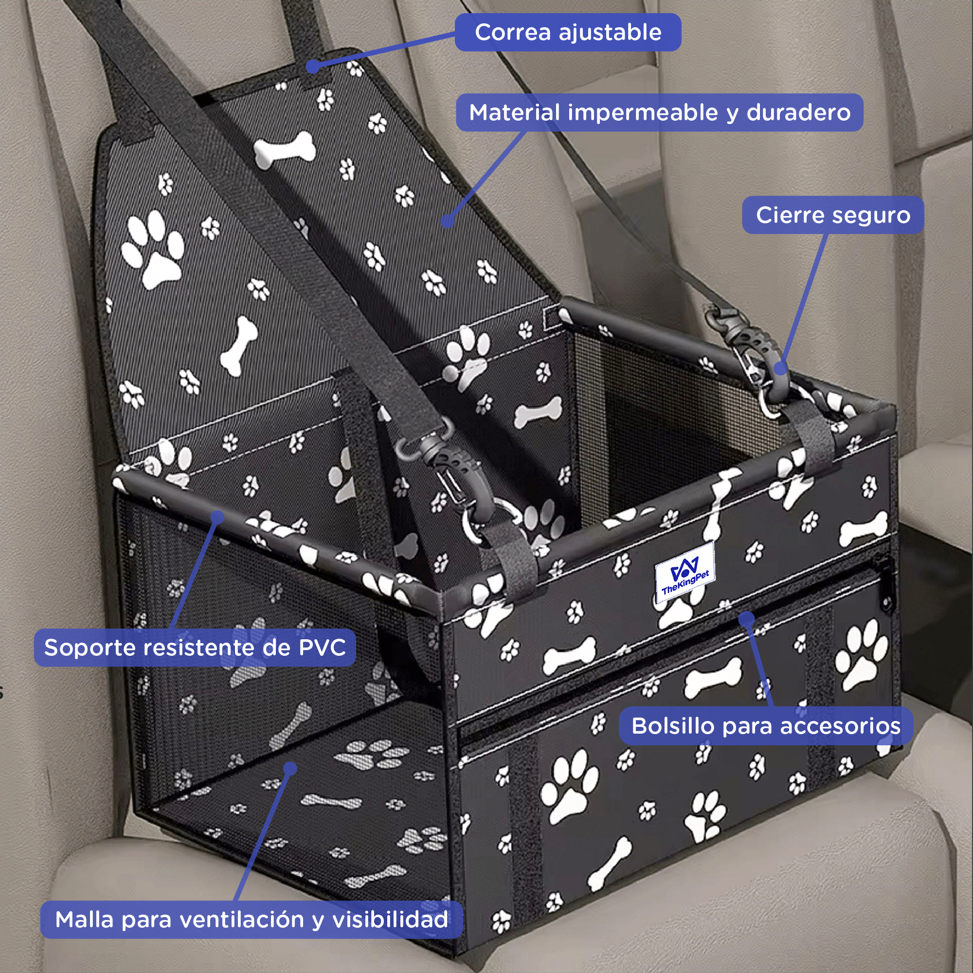 Un asiento de coche negro impermeable para perros con estampado.