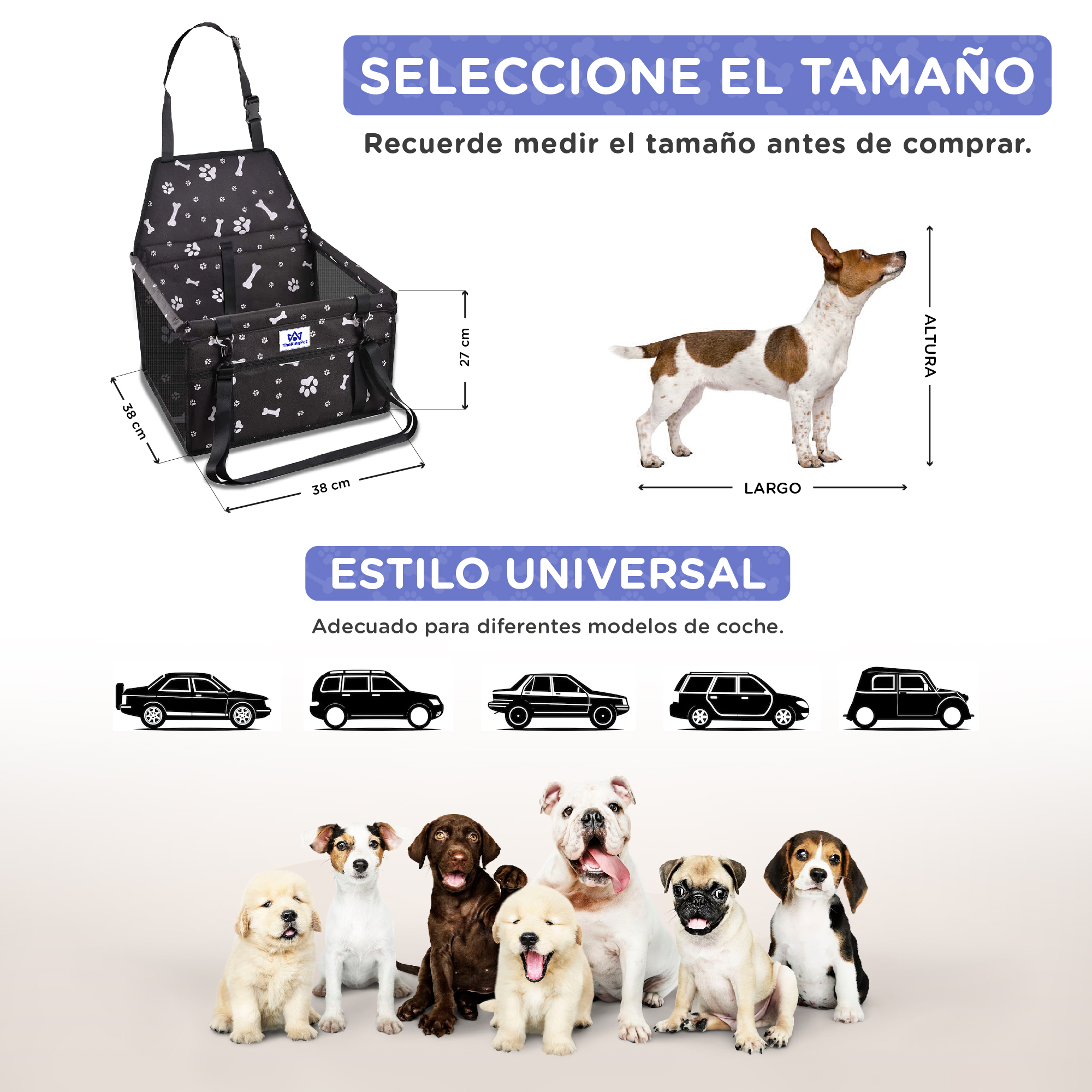 Asiento de coche para perros con patrón de huesos, 38x38x27 cm.