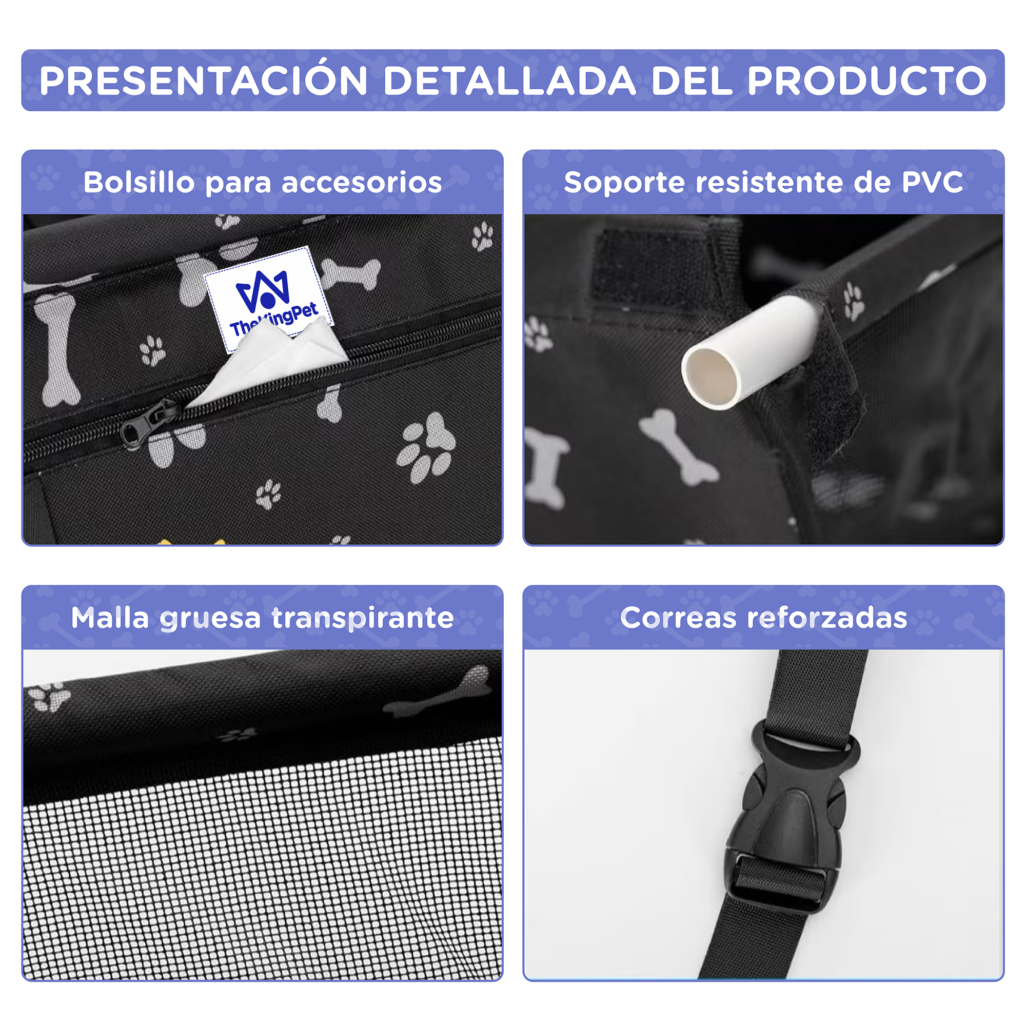 Descripción del producto: bolsillo, soporte PVC, malla, correa.
