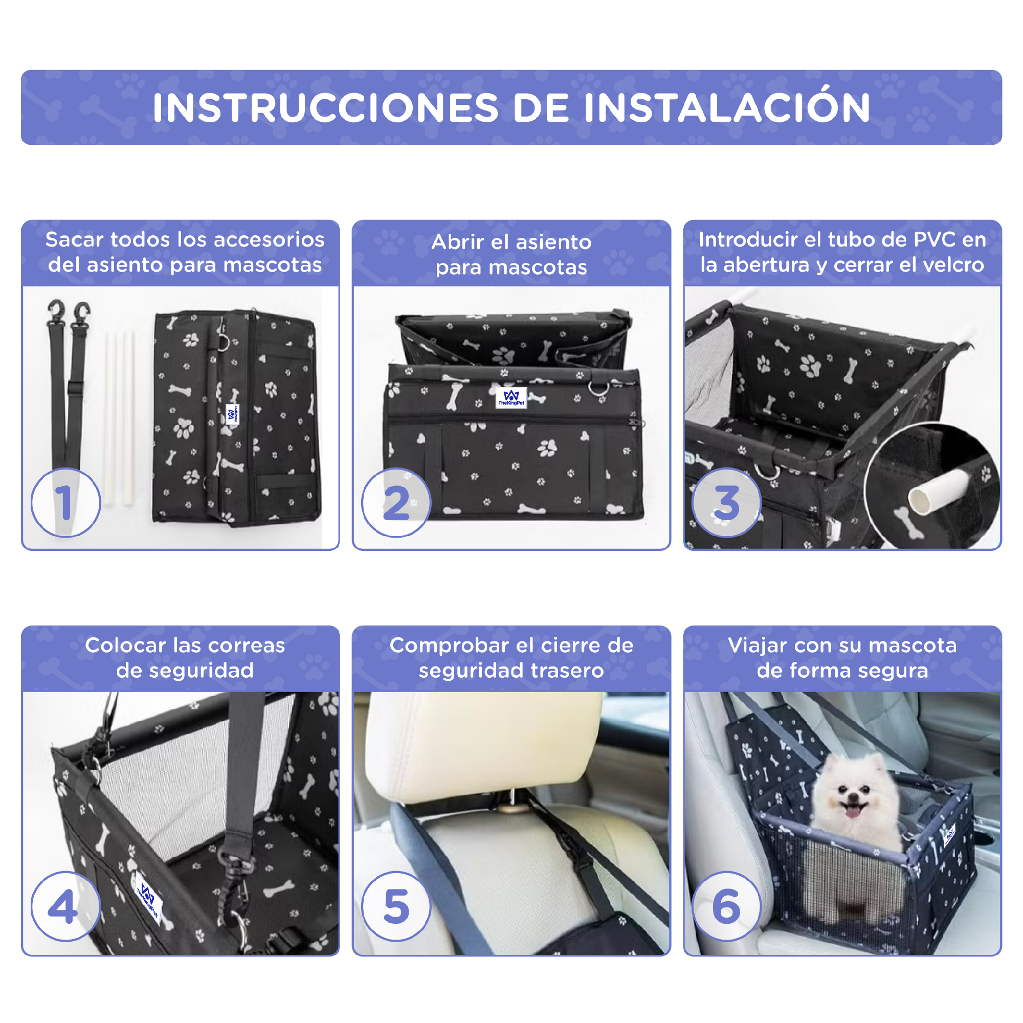 Instrucciones para asiento de mascota: partes, montaje, sujeción al auto y viaje.