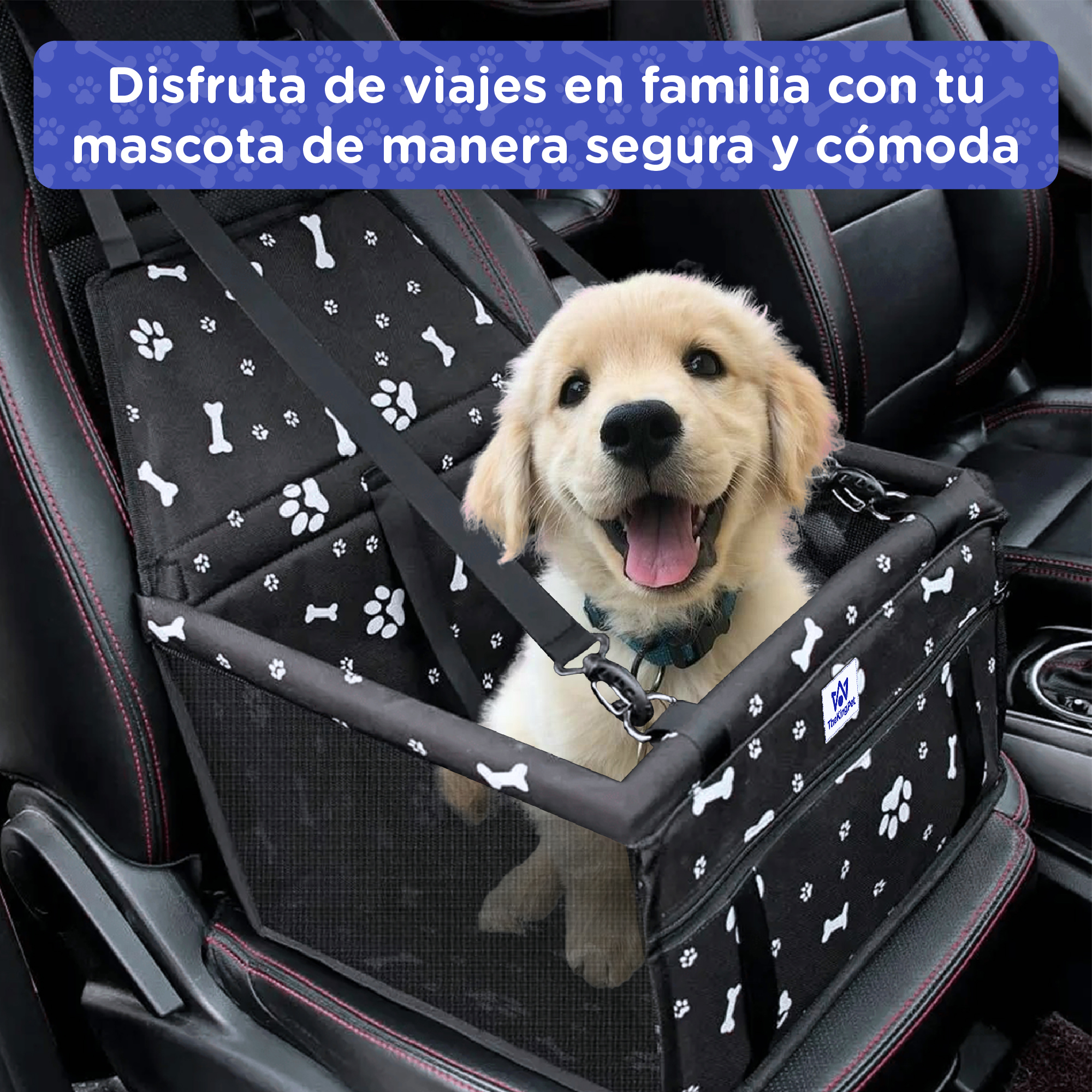 Un cachorro de golden retriever sentado en un asiento de coche para mascotas.