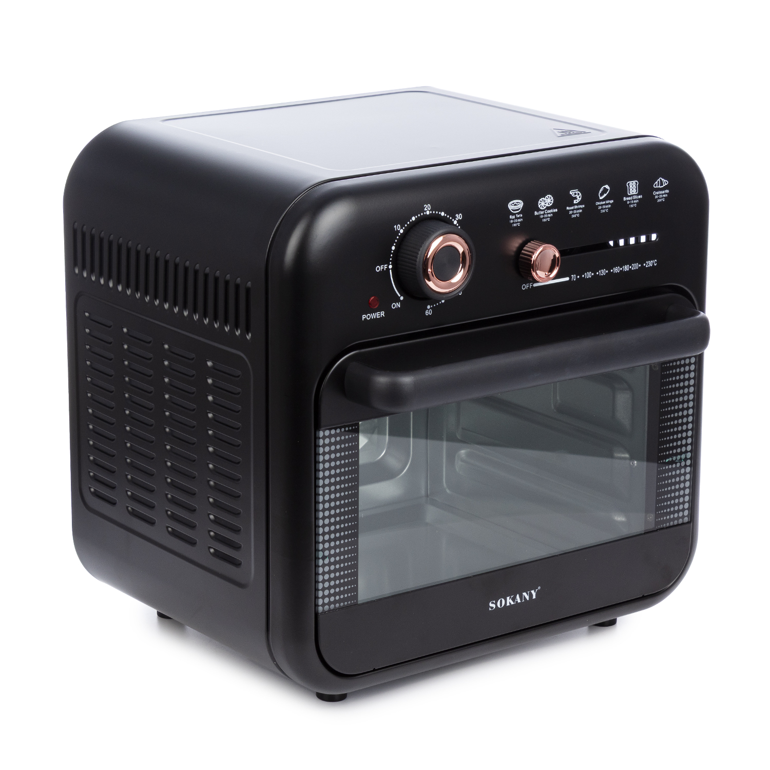 Horno freidora de aire Sokany negro con pantalla digital y controles dorados.