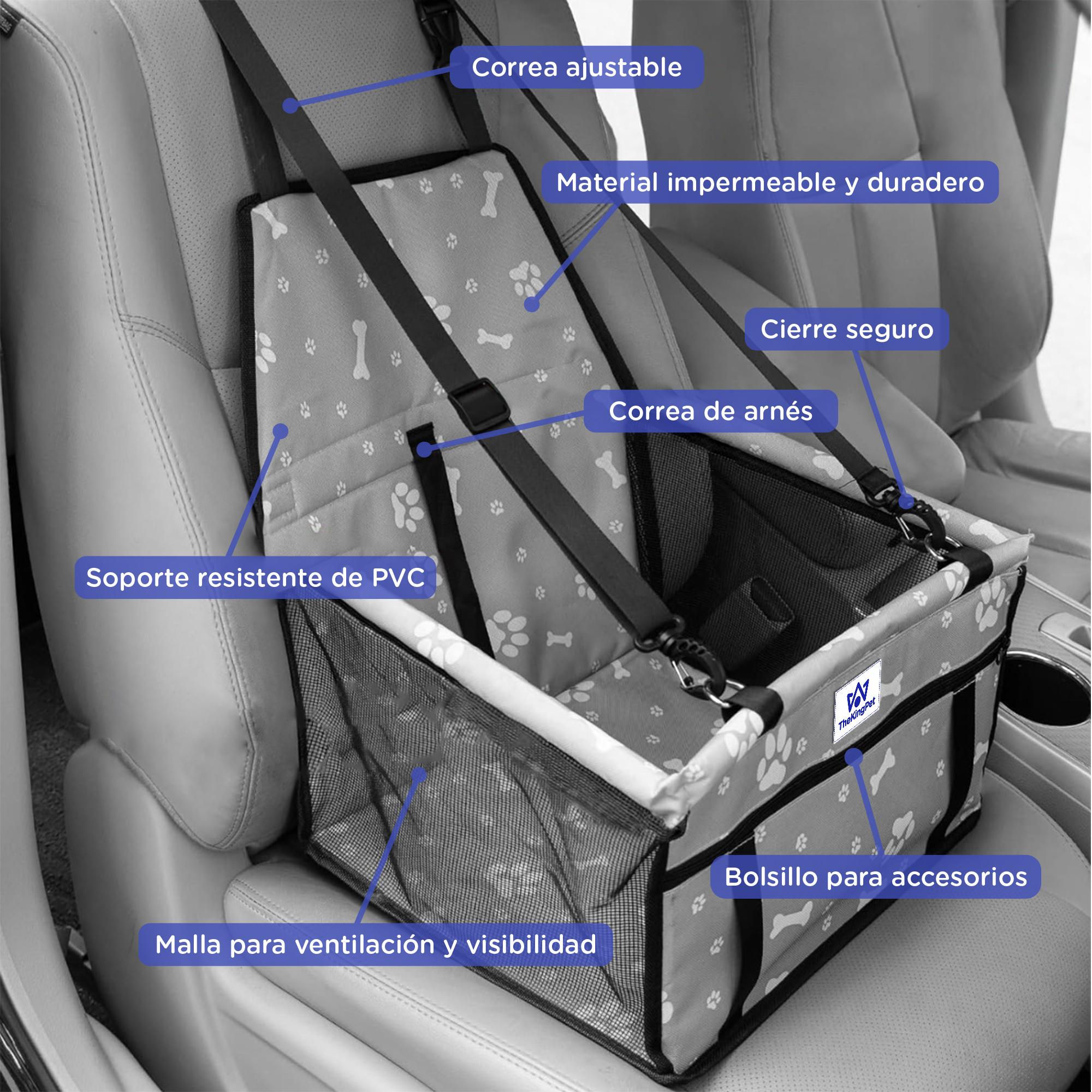 Asiento de coche gris para mascotas con estampado de huesos y patas, correas y lados de malla.