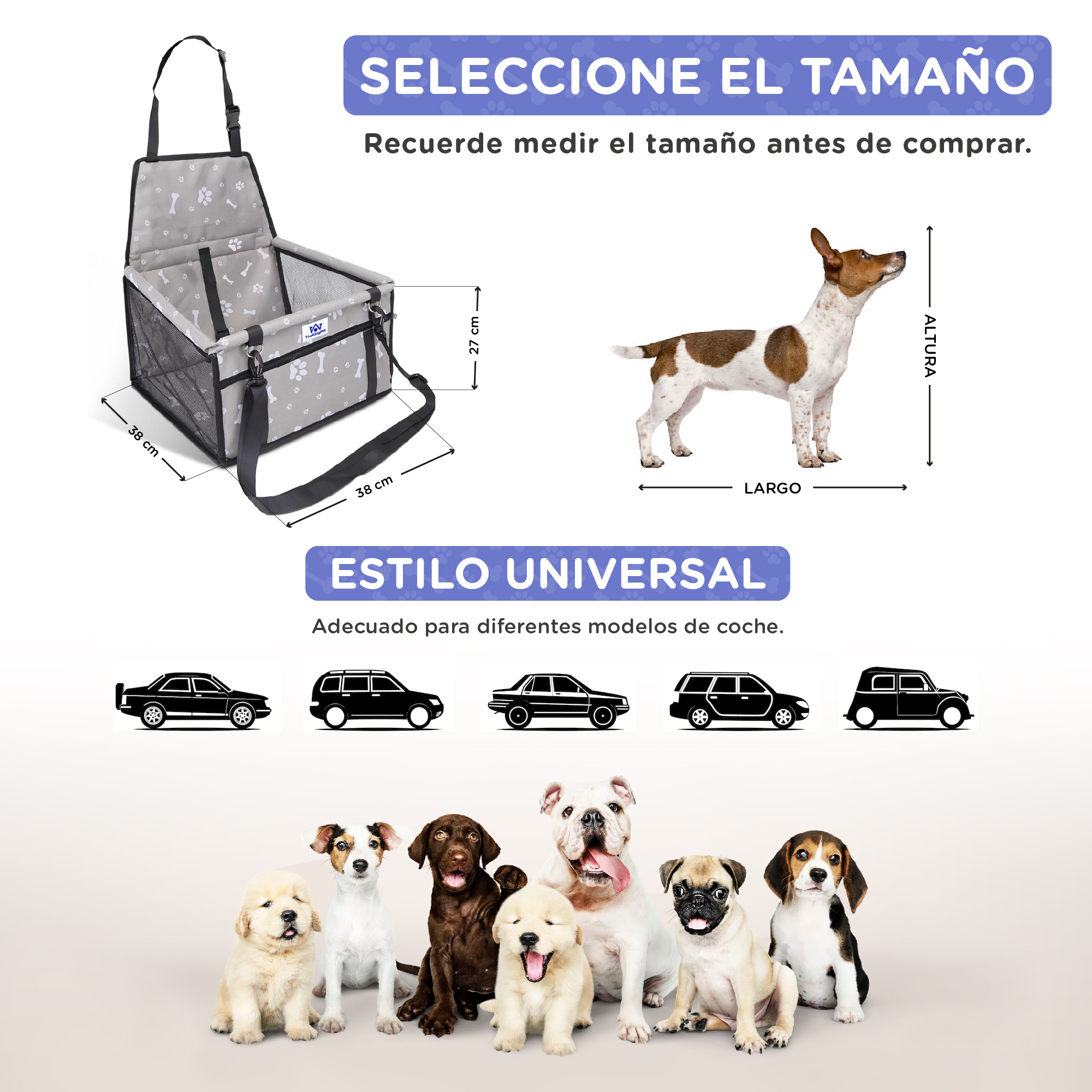 Asiento de coche para perros gris con patrón de huesos, perros e iconos.