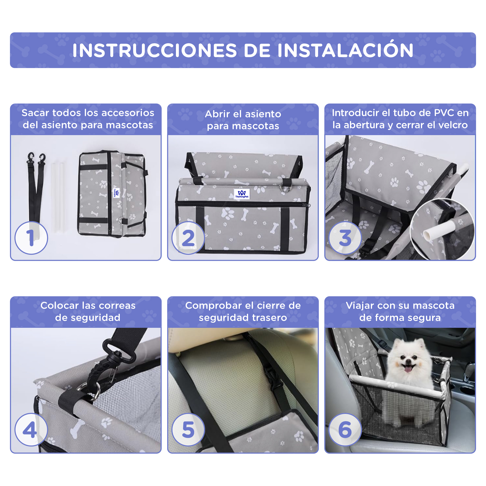 Guía paso a paso para instalar un asiento de coche para mascotas con un perro.