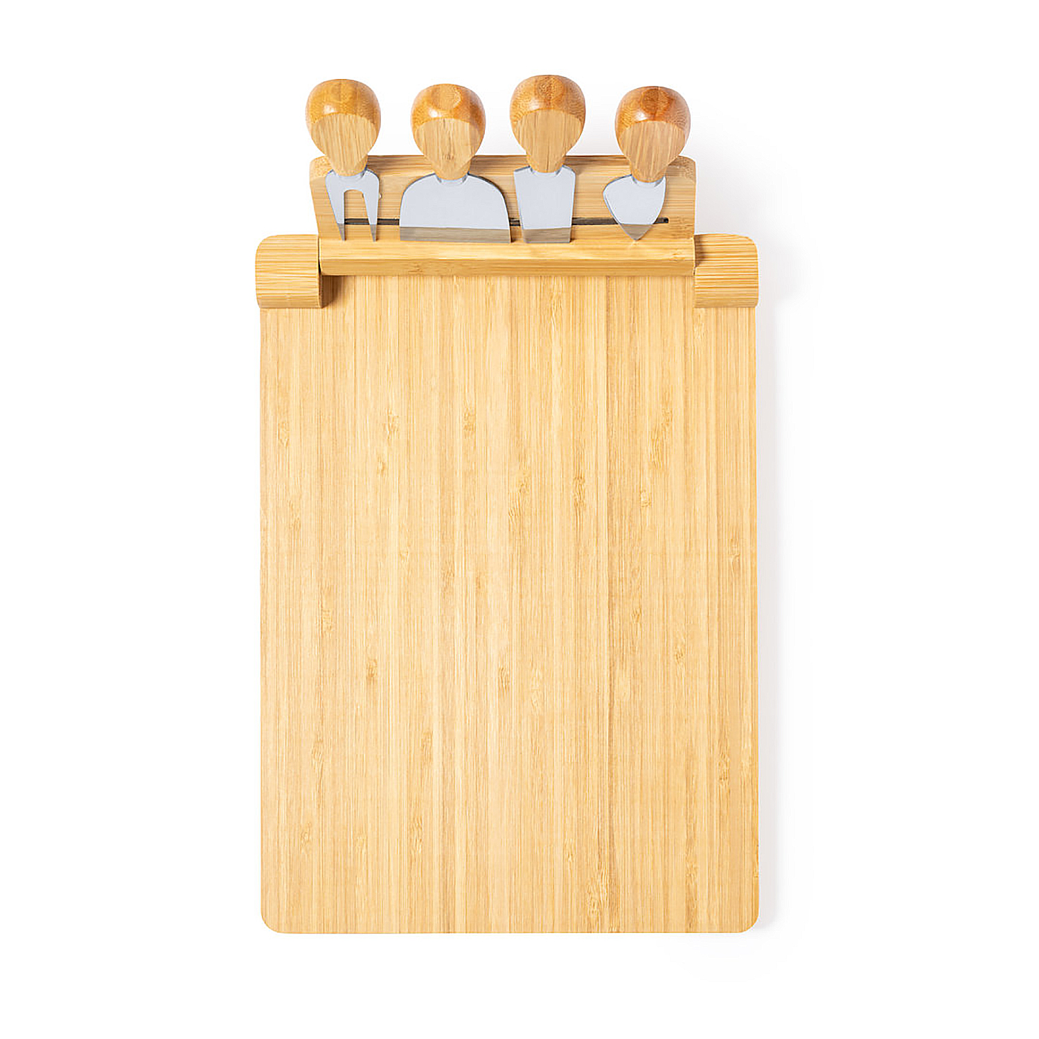 Un tagliere di legno con quattro manici a forma di persona e coltelli abbinati.