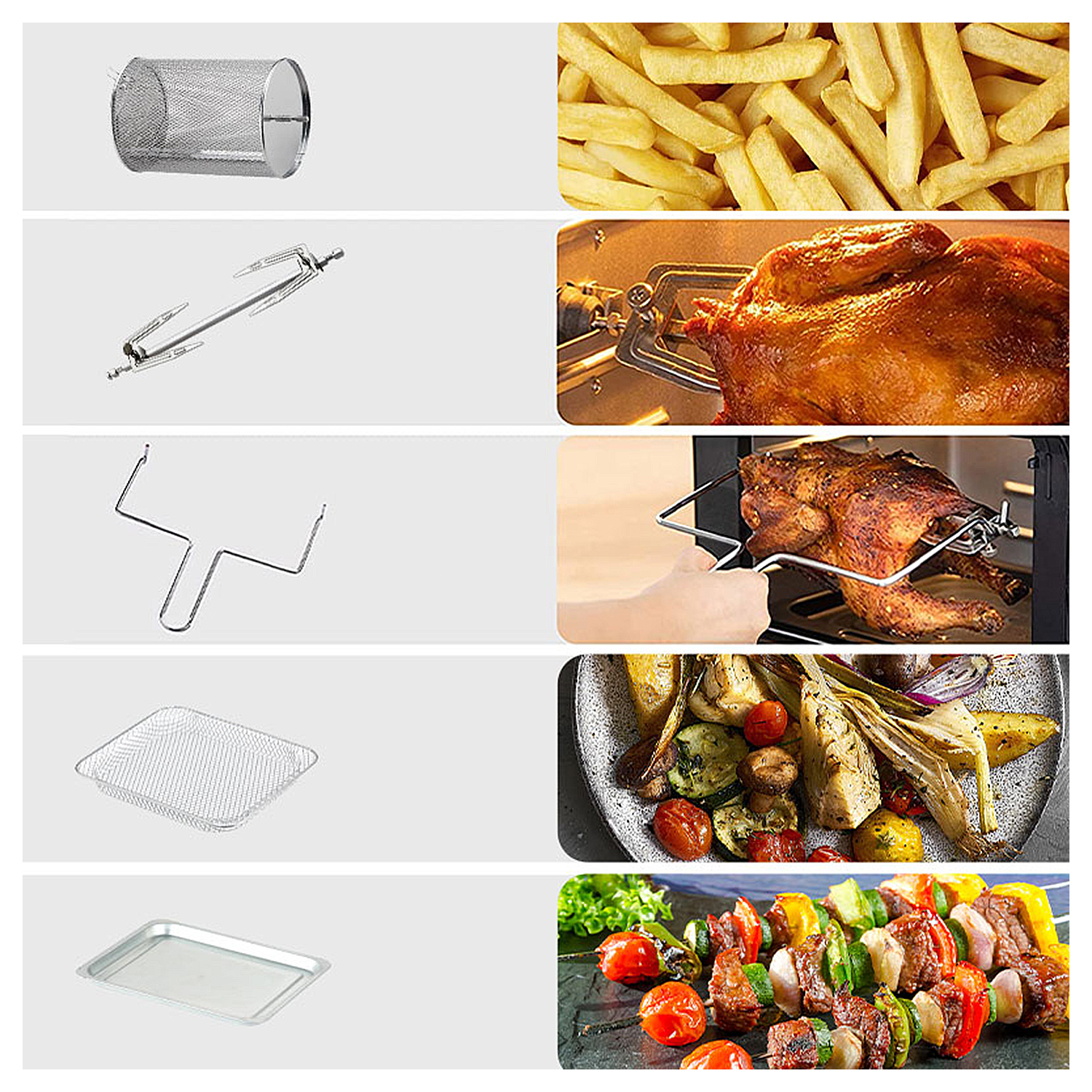 Una cesta redonda de malla, patatas fritas, un pollo asado, un tenedor para pollos y verduras asadas.