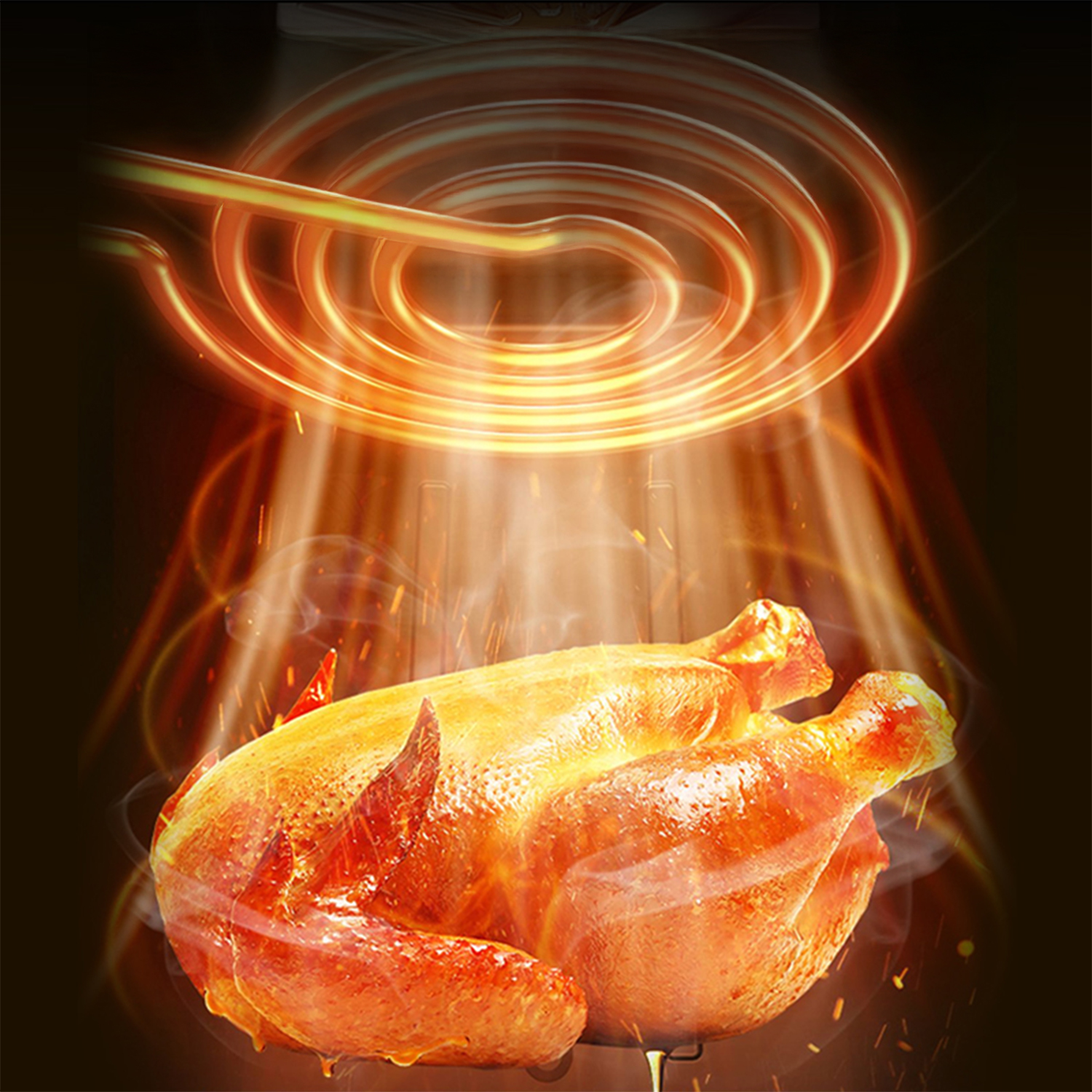 Un pollo asado dorado a la parrilla iluminado por una resistencia.