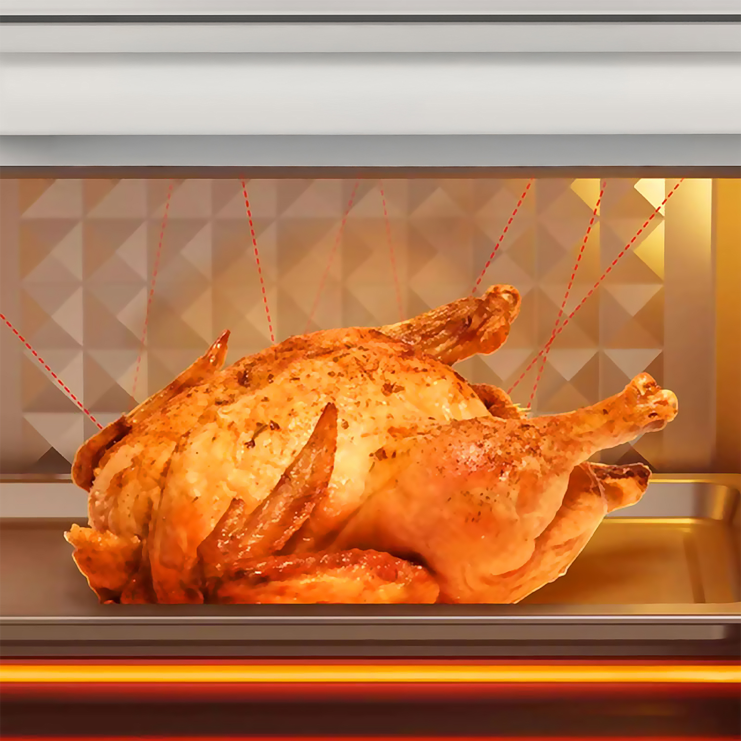 Un pollo asado dorado se está asando en un horno.