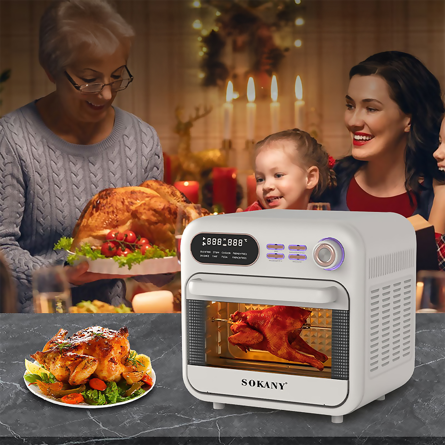 Familia celebra festivo con pavo y horno freidora de aire.