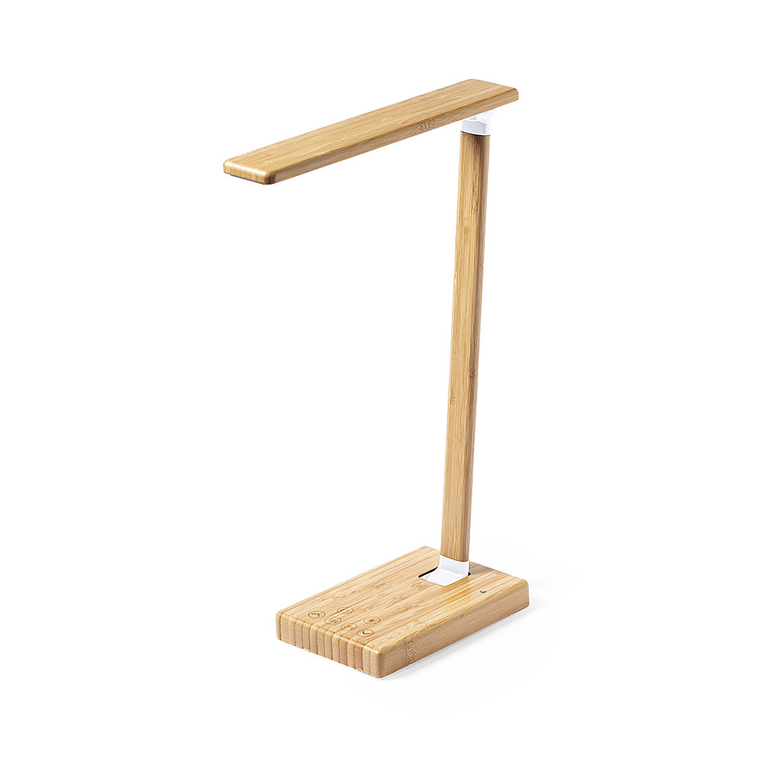 Una moderna lampada da scrivania in legno chiaro con giunzione bianca.