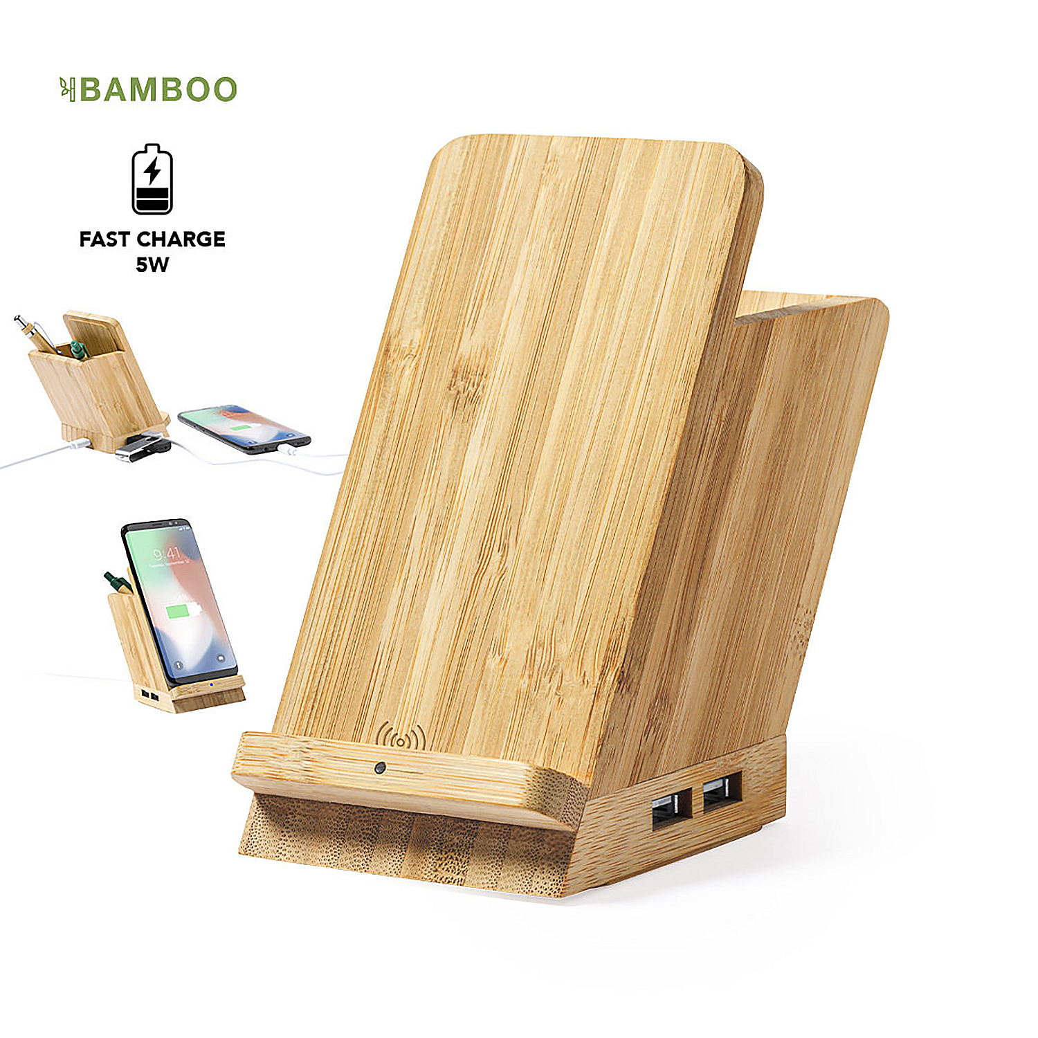 Un soporte de carga de bambú con puertos USB y área de carga Qi.