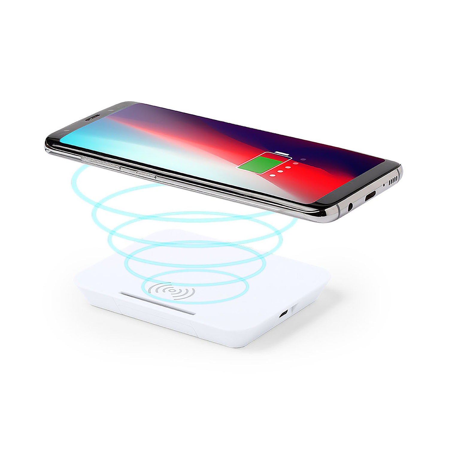 Uno smartphone si ricarica wireless su una base di ricarica bianca con onde di energia blu.