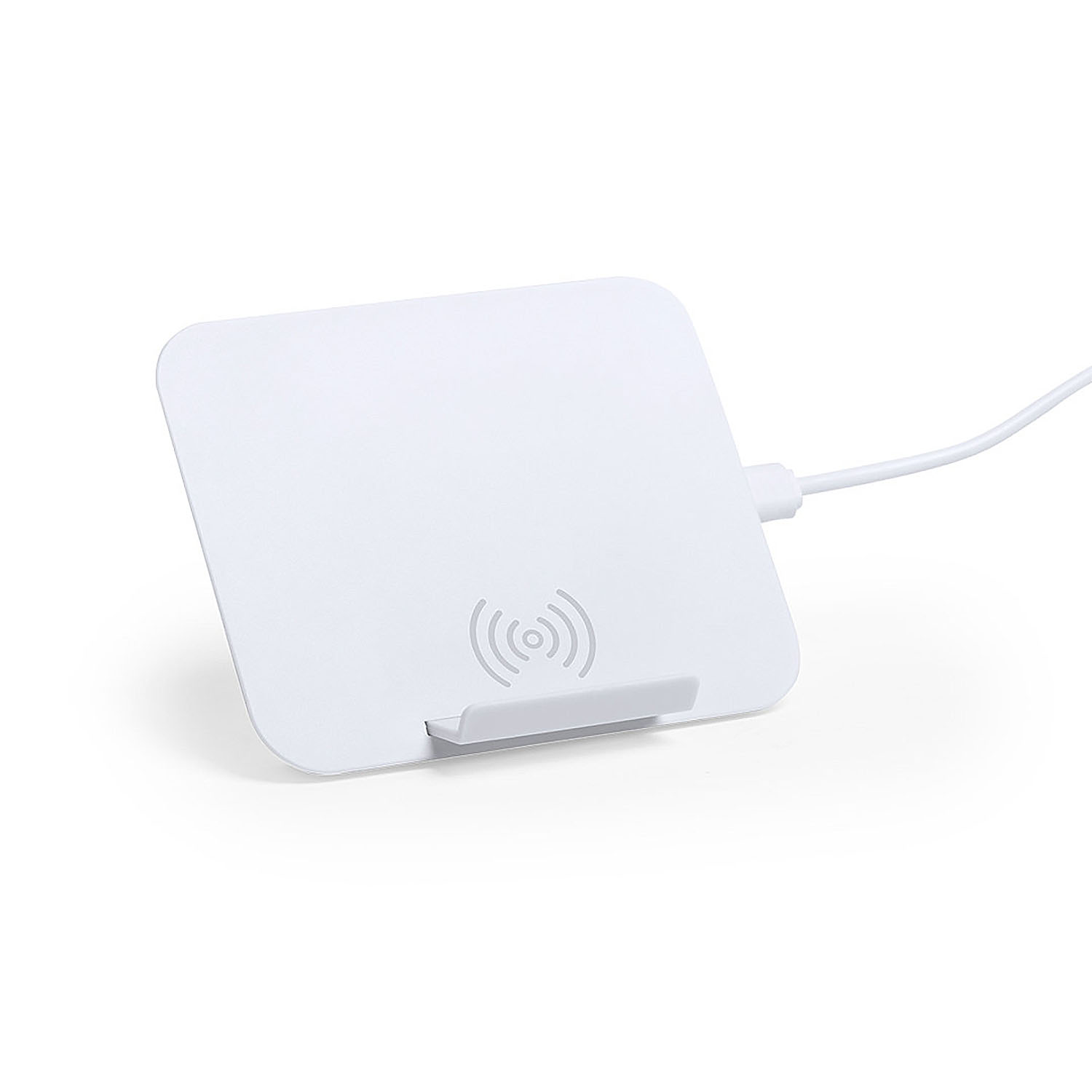 Un caricatore wireless bianco con un simbolo indicatore di carica e un cavo.