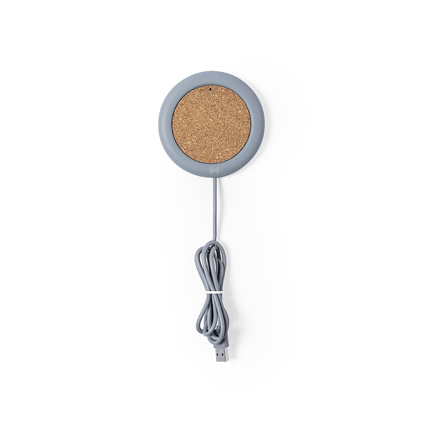 Calentador de tazas USB gris con superficie de corcho sobre fondo blanco.