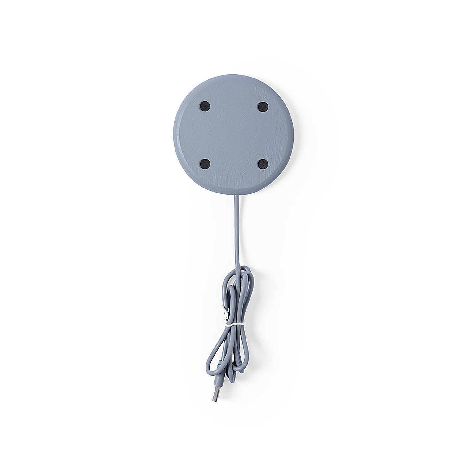 Base redonda gris con cuatro puntos negros y cable USB.