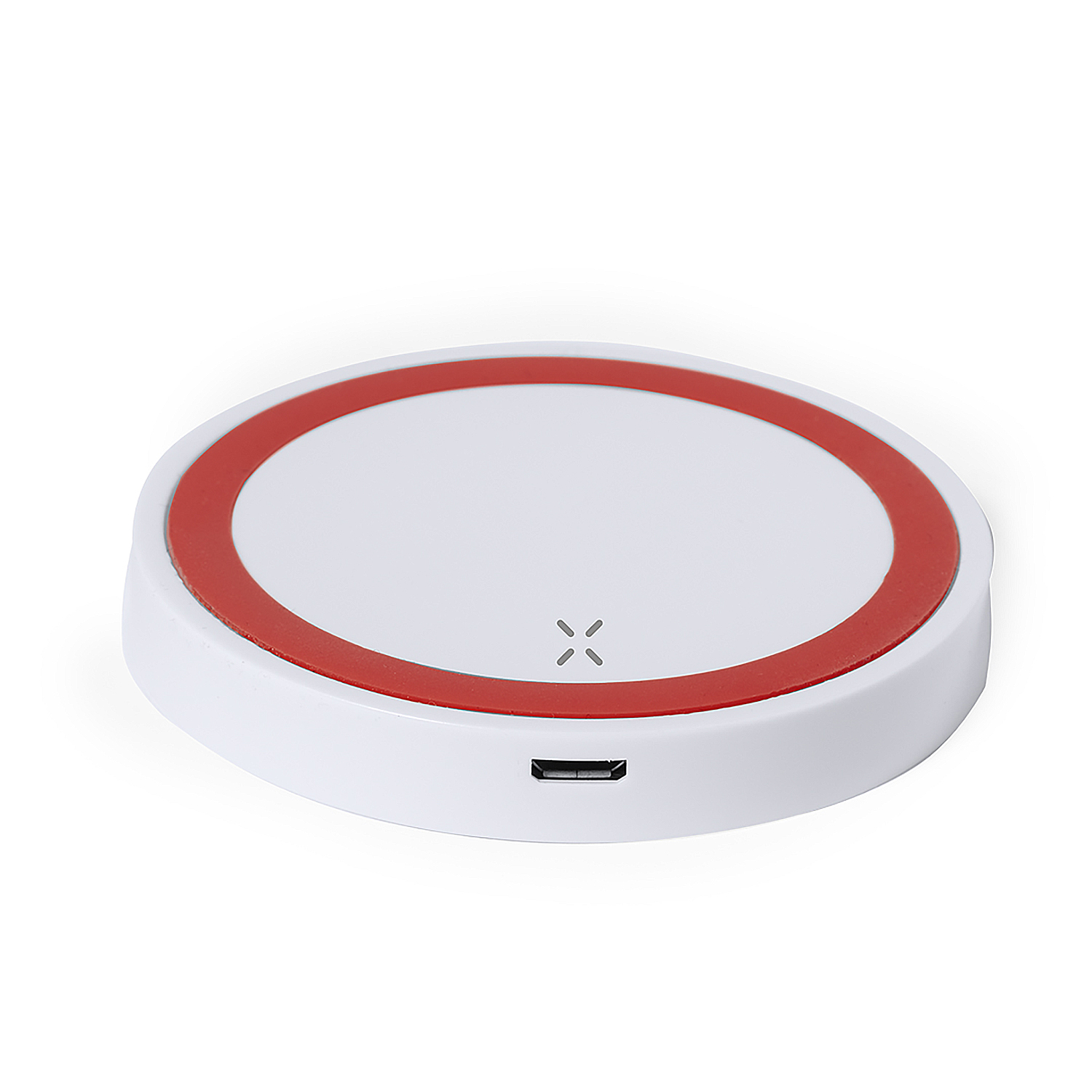 Un caricabatterie wireless bianco con bordo rosso e porta USB.