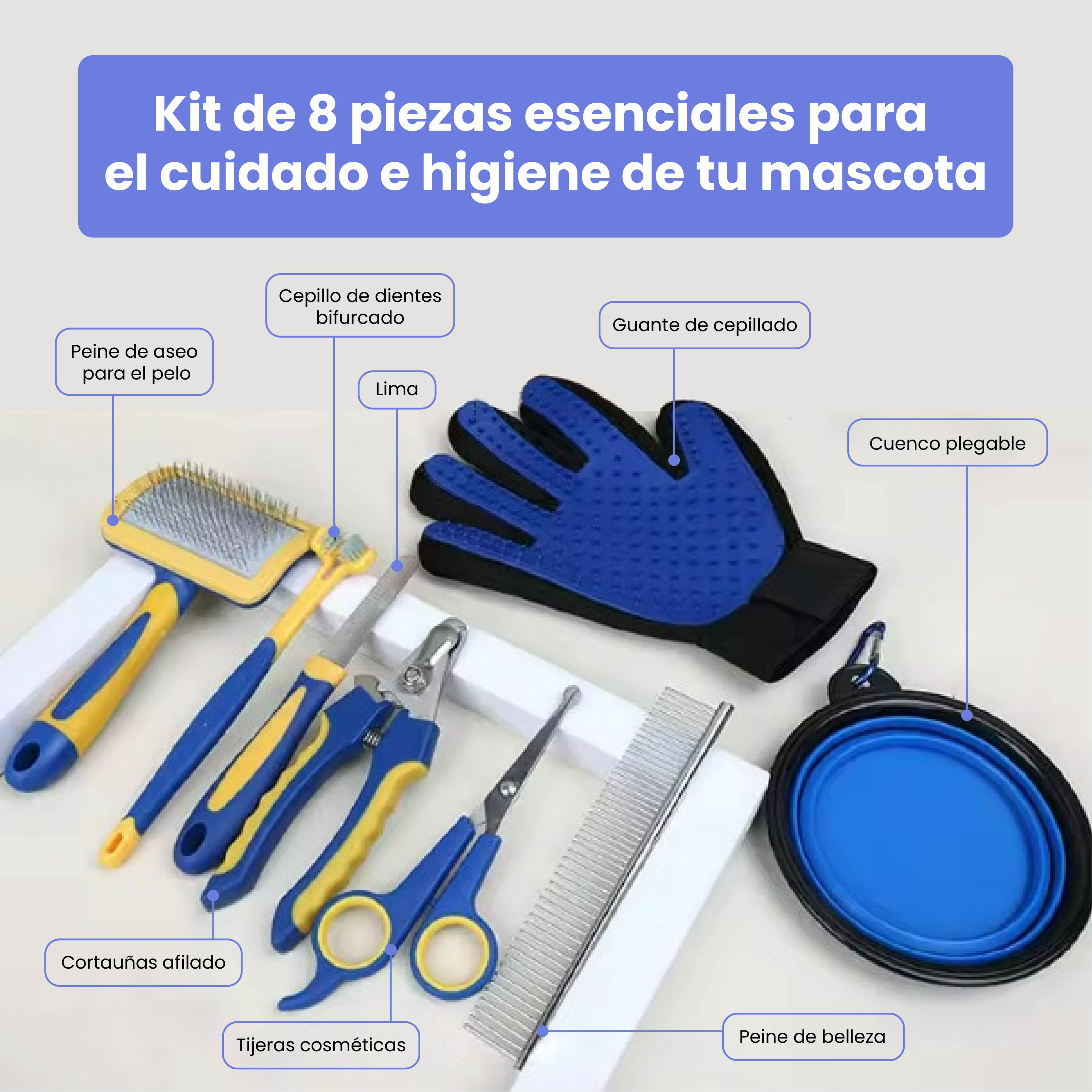 Un set de 8 herramientas de aseo para mascotas: cepillos, peine, cortaúñas, tijeras, lima, guante, cuenco.