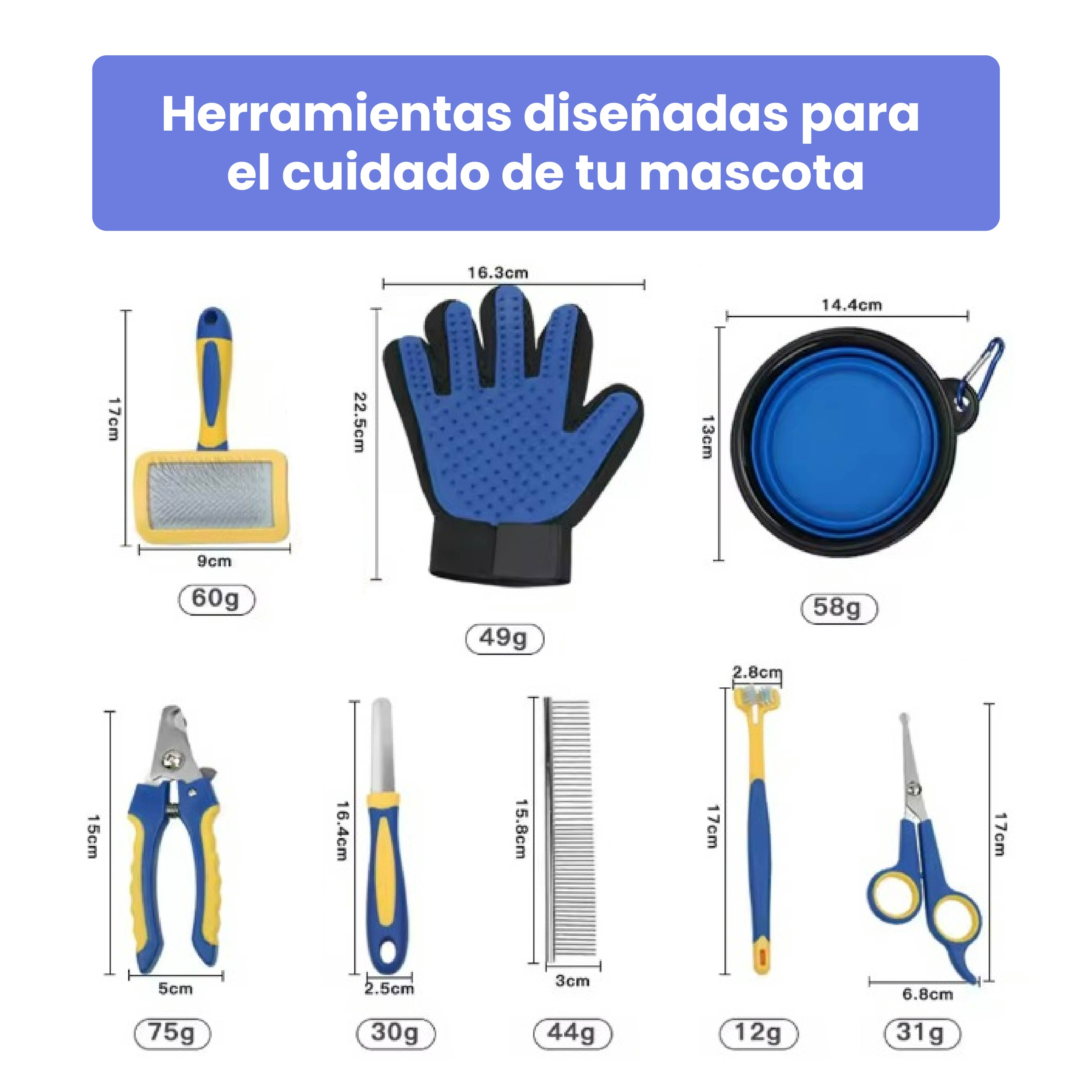 Herramientas de aseo para mascotas: cepillo, guante, cuenco, cortauñas, peine.