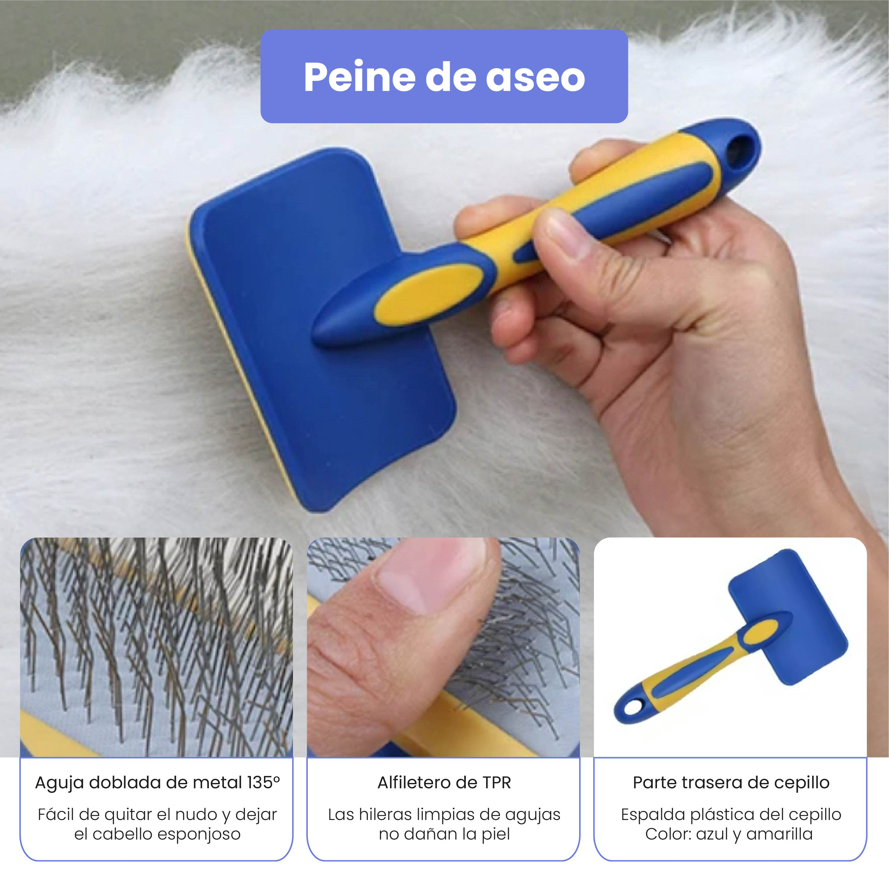 Un cepillo azul y amarillo para mascotas con cerdas metálicas y mango ergonómico.