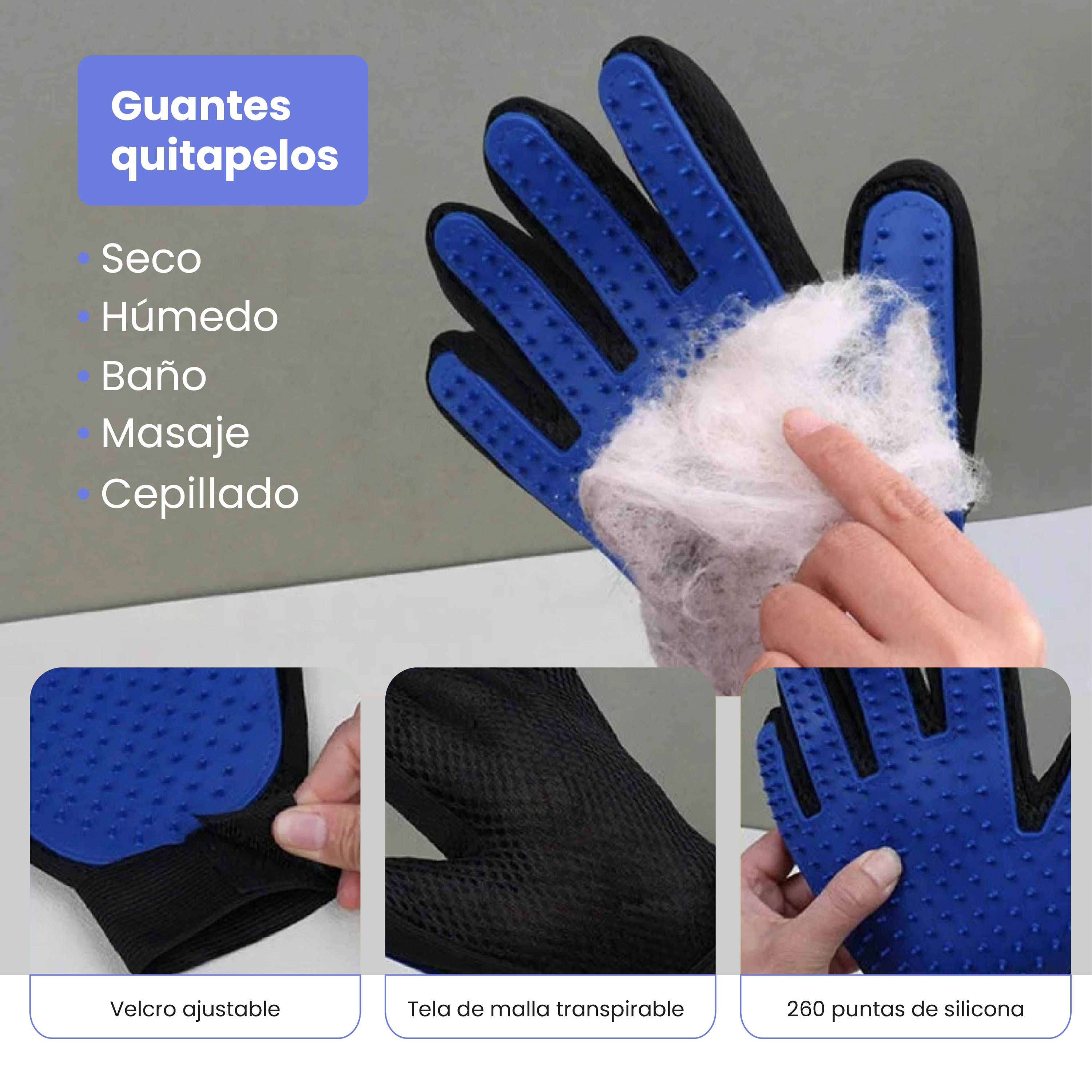 Guante de aseo azul con púas de silicona y tela de malla negra.
